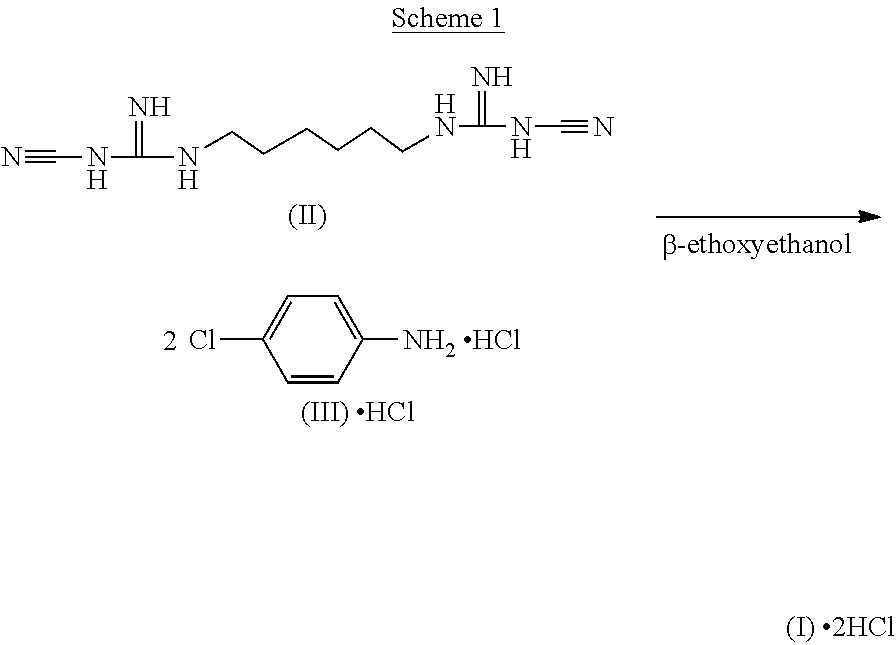 Di(4-chloro-phenyldiguanido) derivative which is free of potential genotoxicity and a process for reducing the residual amount of p-chloroaniline in said di(4-chloro-phenyldiguanido) derivative