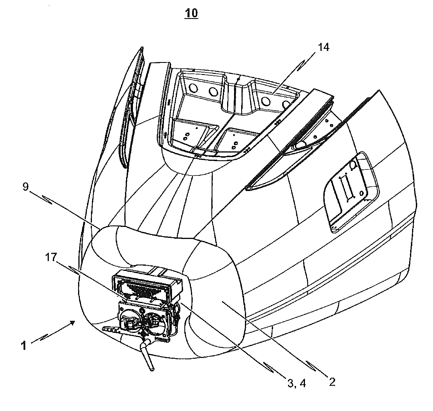 Device for the on-demand sealing of an opening provided in the frontal region of a track-guided vehicle, a front nose module having such a device, and a track-guided vehicle having such a front nose module