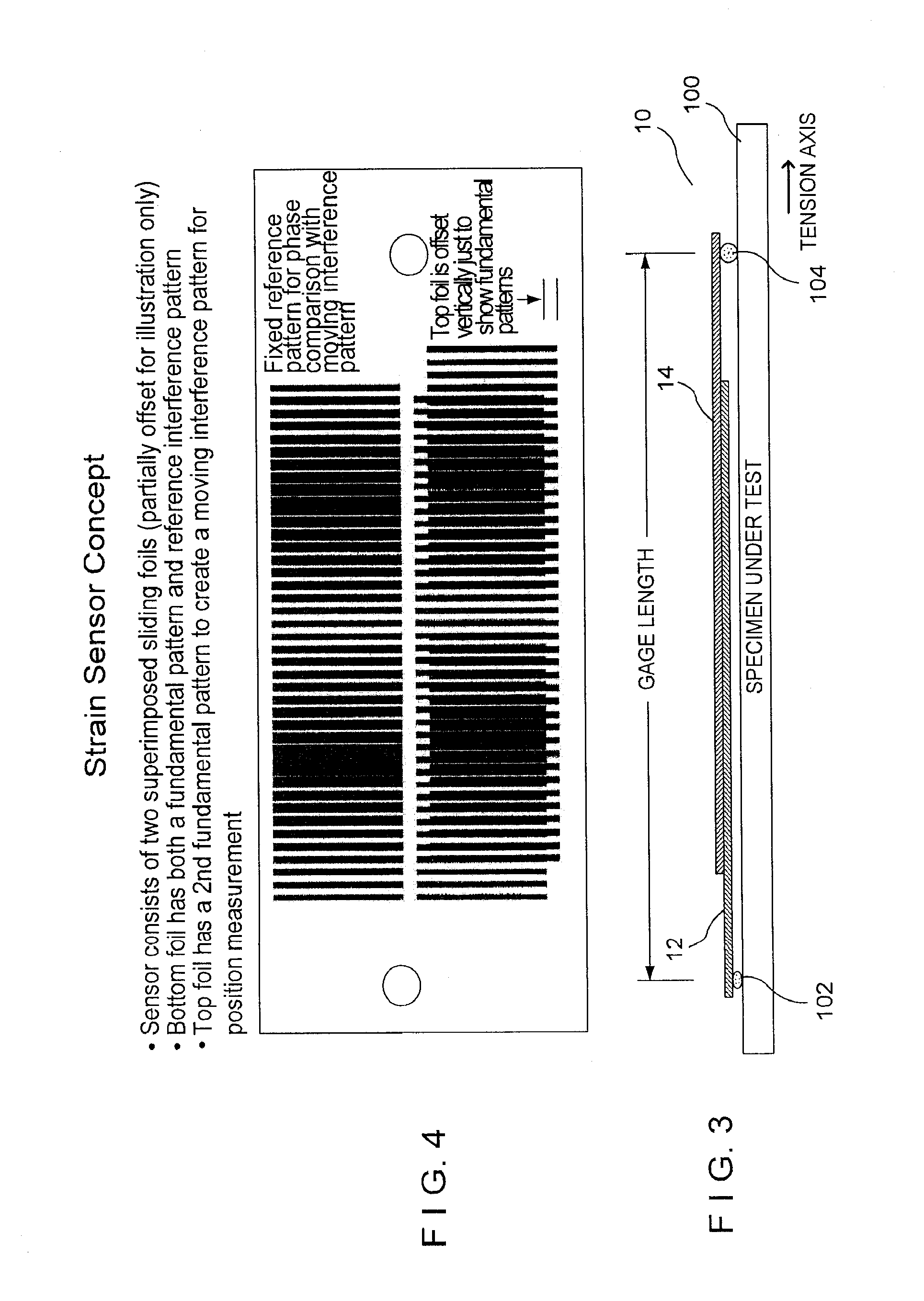Remote displacement sensor, including an optical strain gauge, an assembly and system therewith