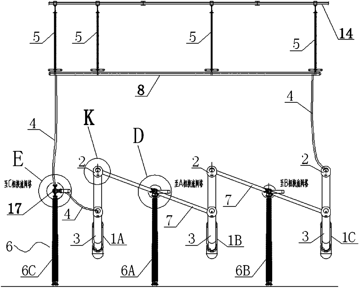Double-rotation structure between converter transformer and converter valve applied to converter station
