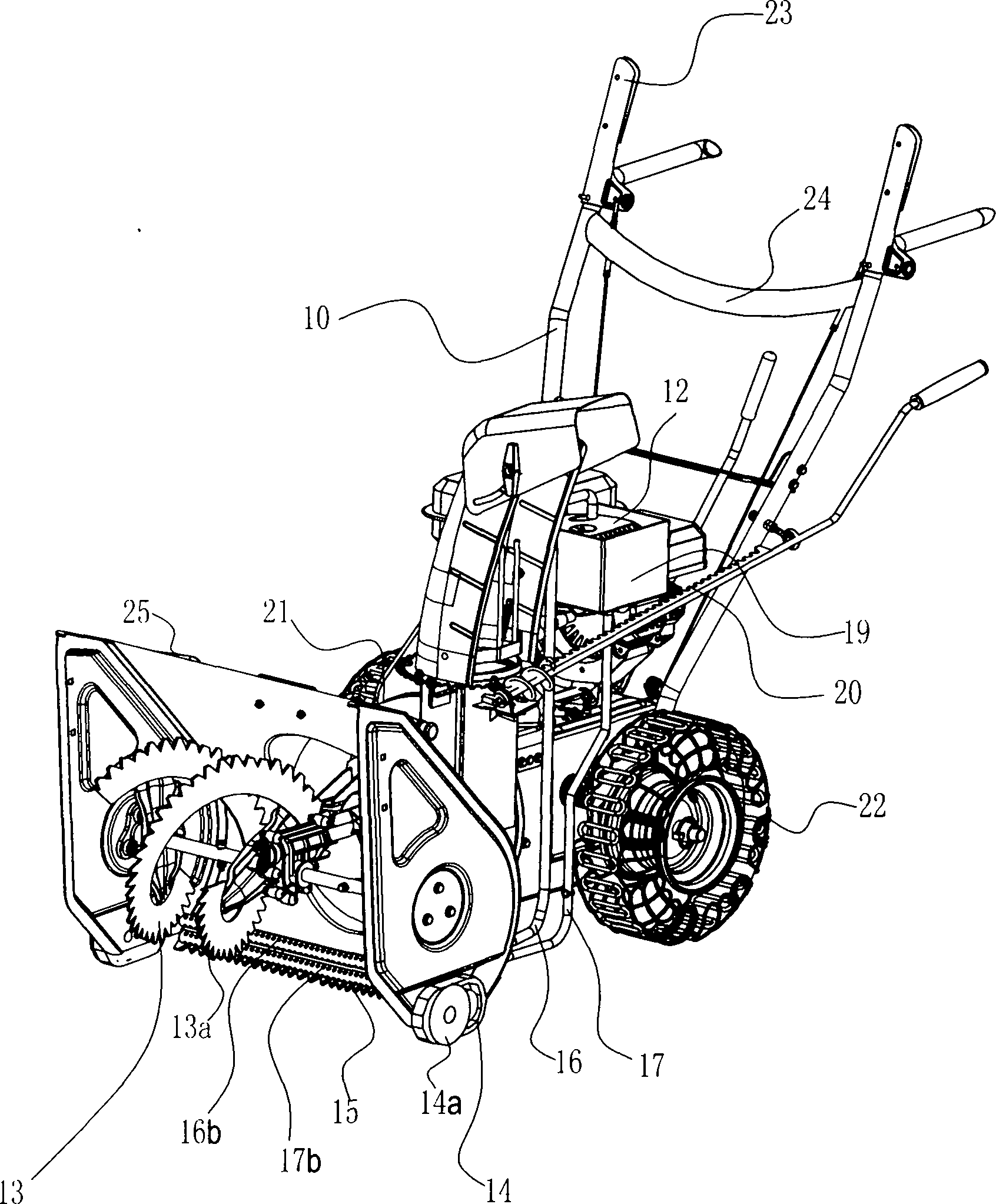 Single-gear multi-variable speed snow sweeper with safe manipulating and front assisting wheels and noise reducer body