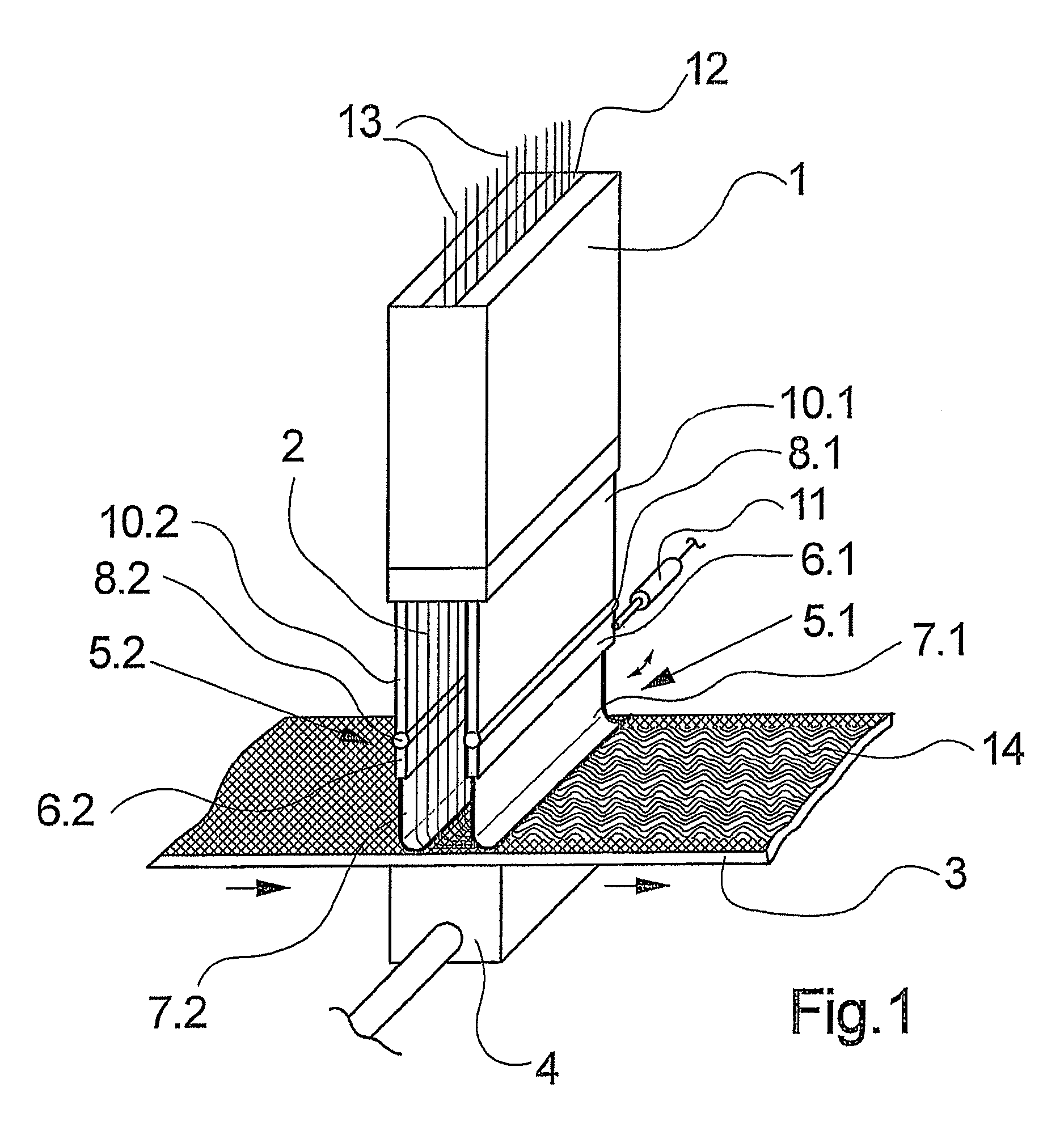 Device for depositing synthetic fibers to form a nonwoven web