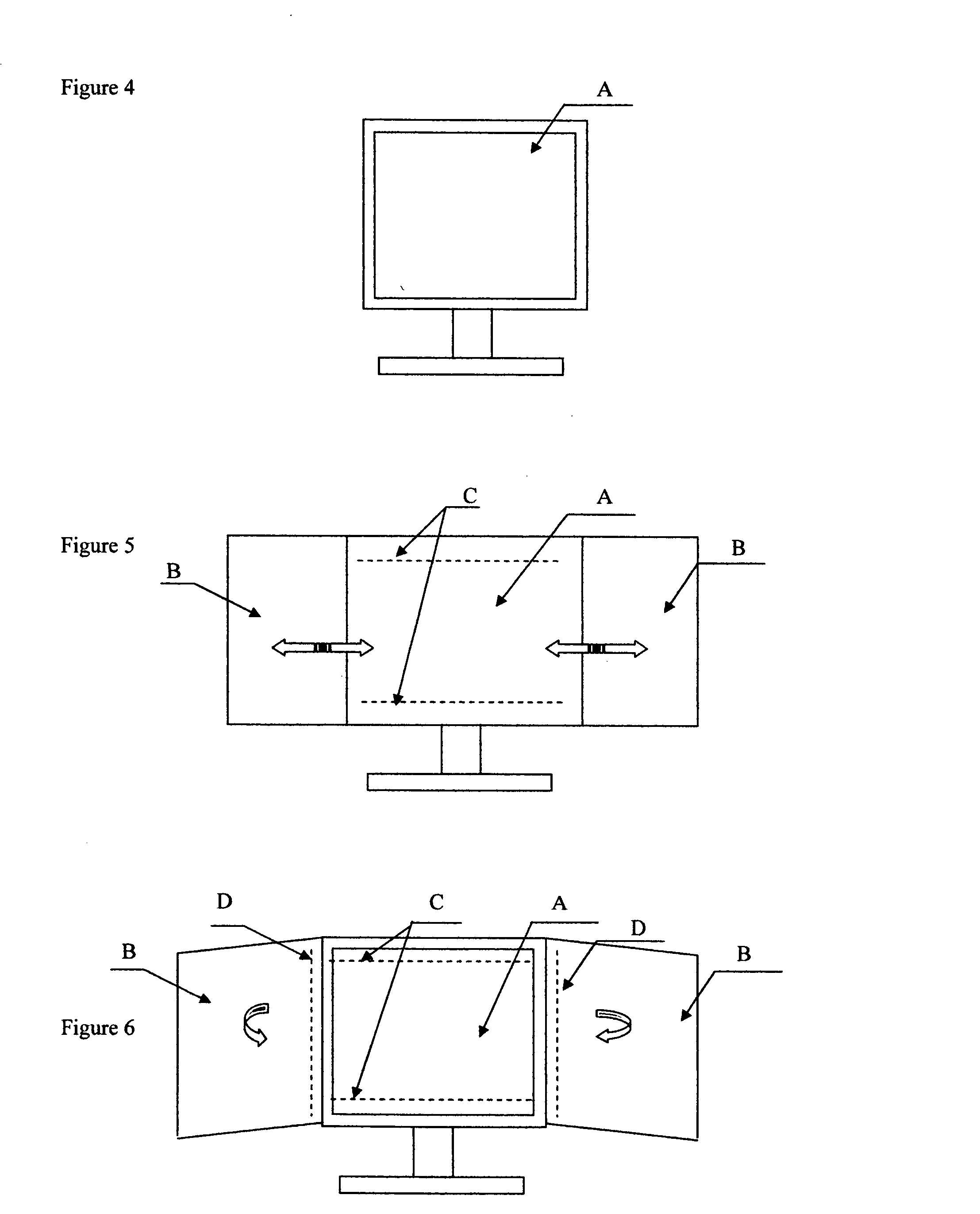 Extendable multi-screen flat panel (computer / television) monitor enabling increased workspace and viewable monitor surface