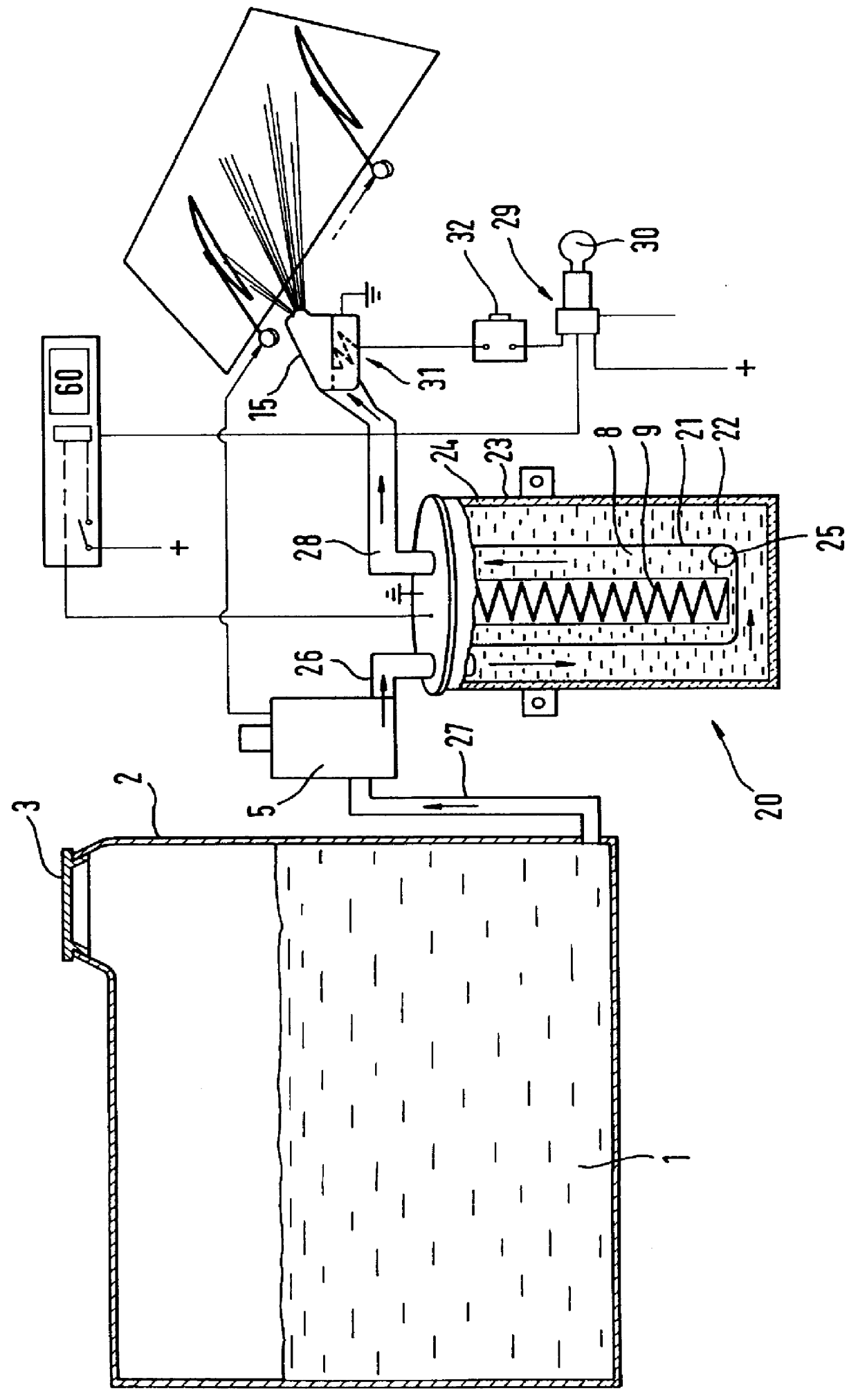 Process and device for heating windscreen washer liquid