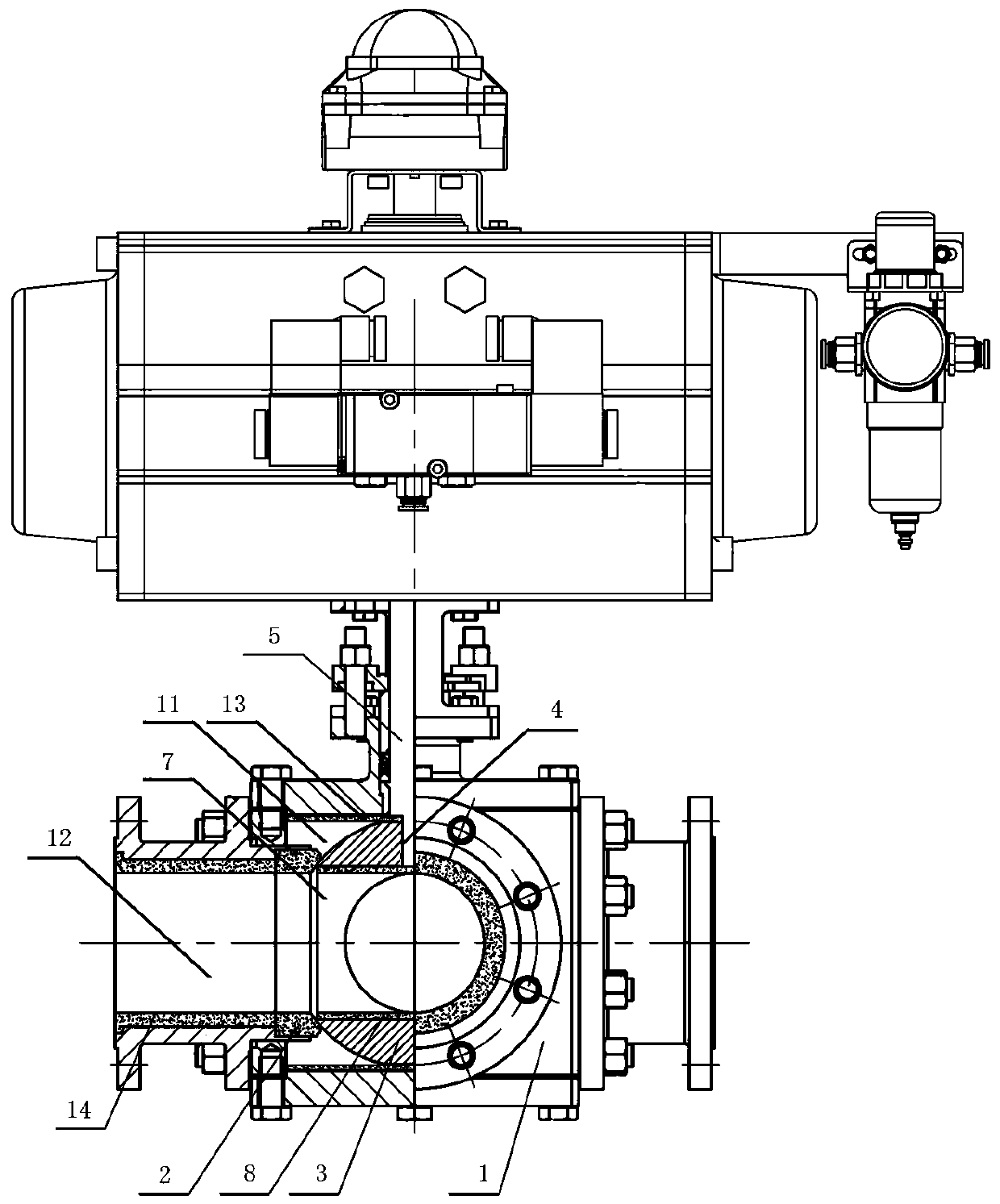 Fully-lined ceramic three-way ball valve and valve ball structure thereof
