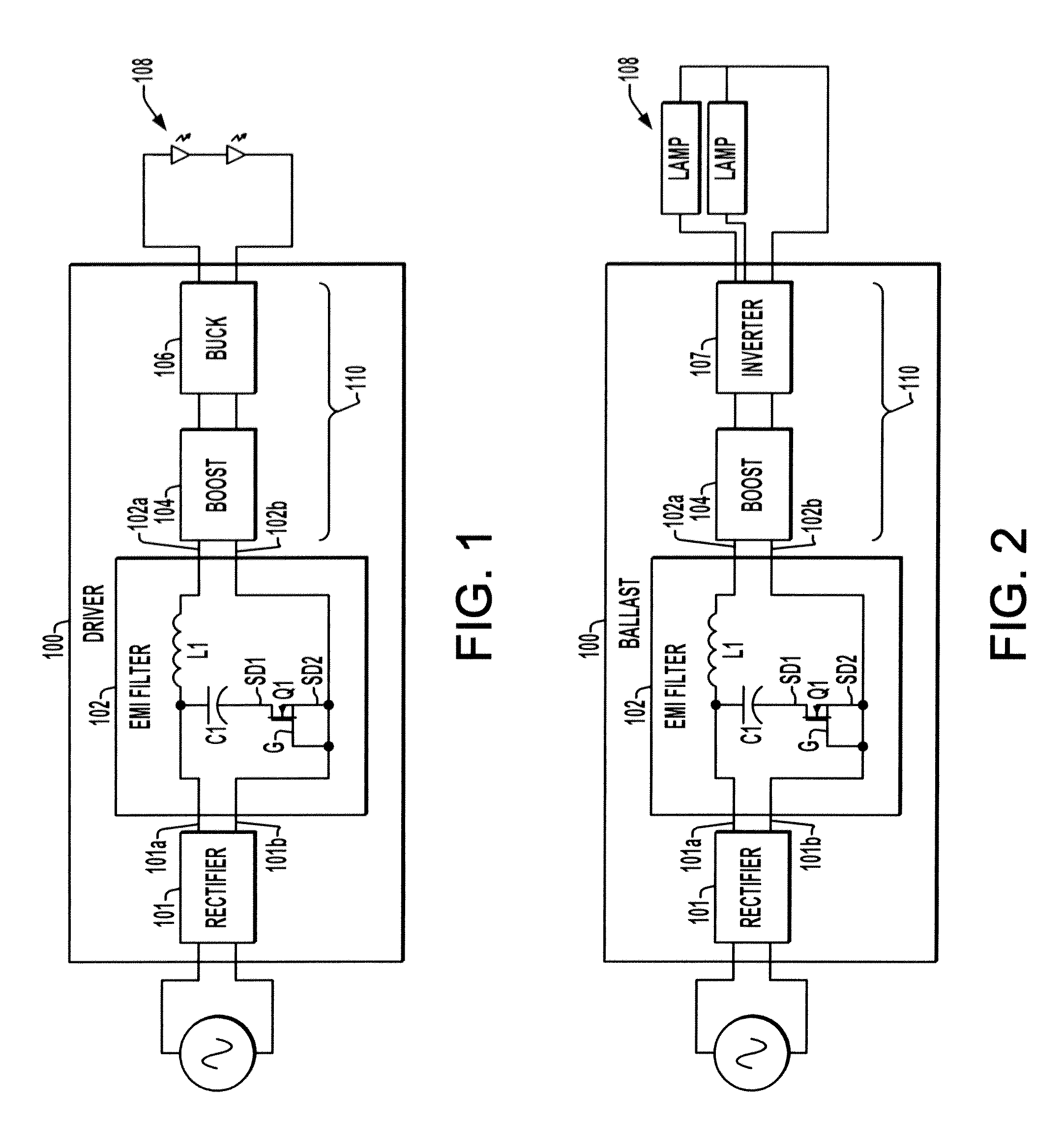 Lighting power circuit with peak current limiter for EMI filter