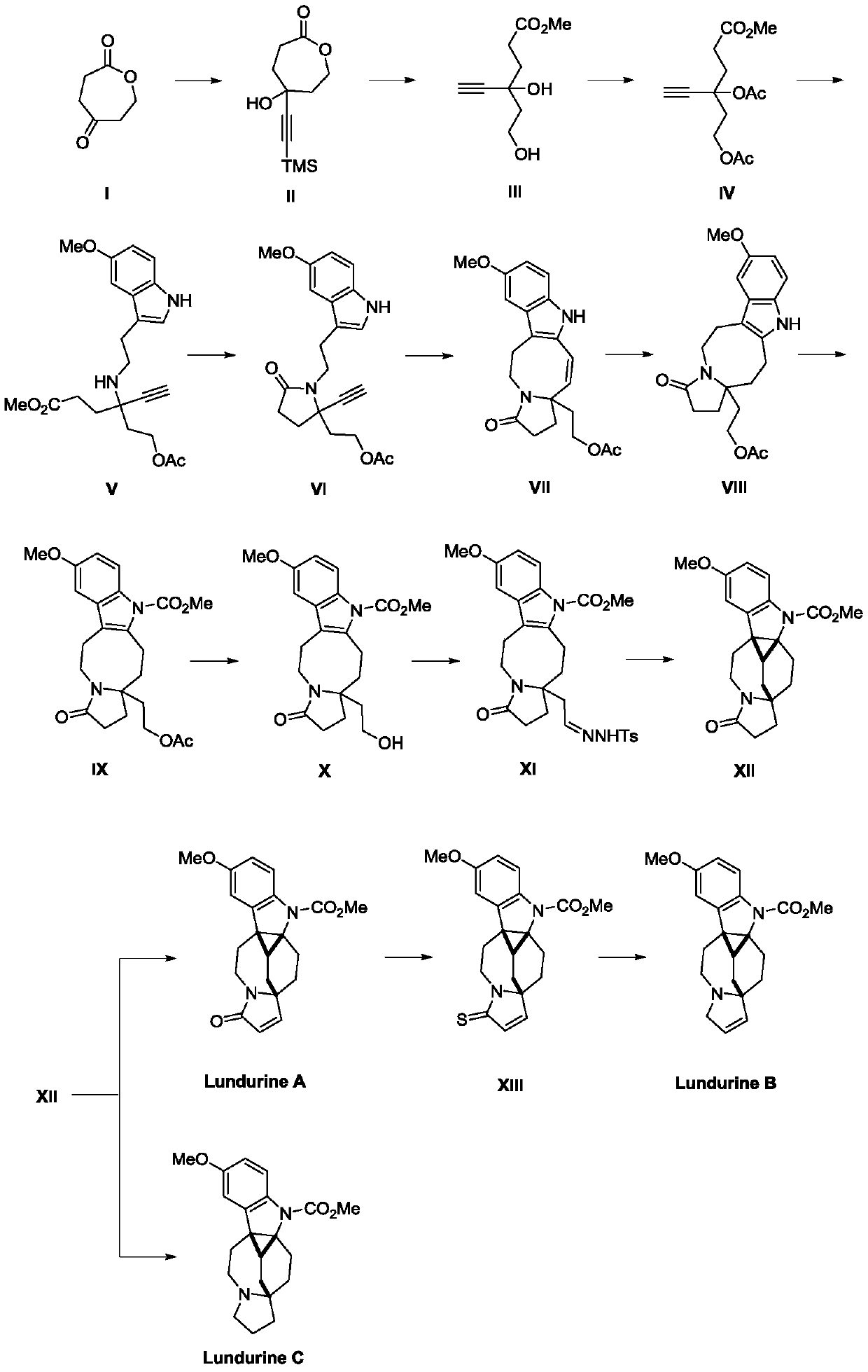 Preparation method of natural alkaloid lundurine A-C