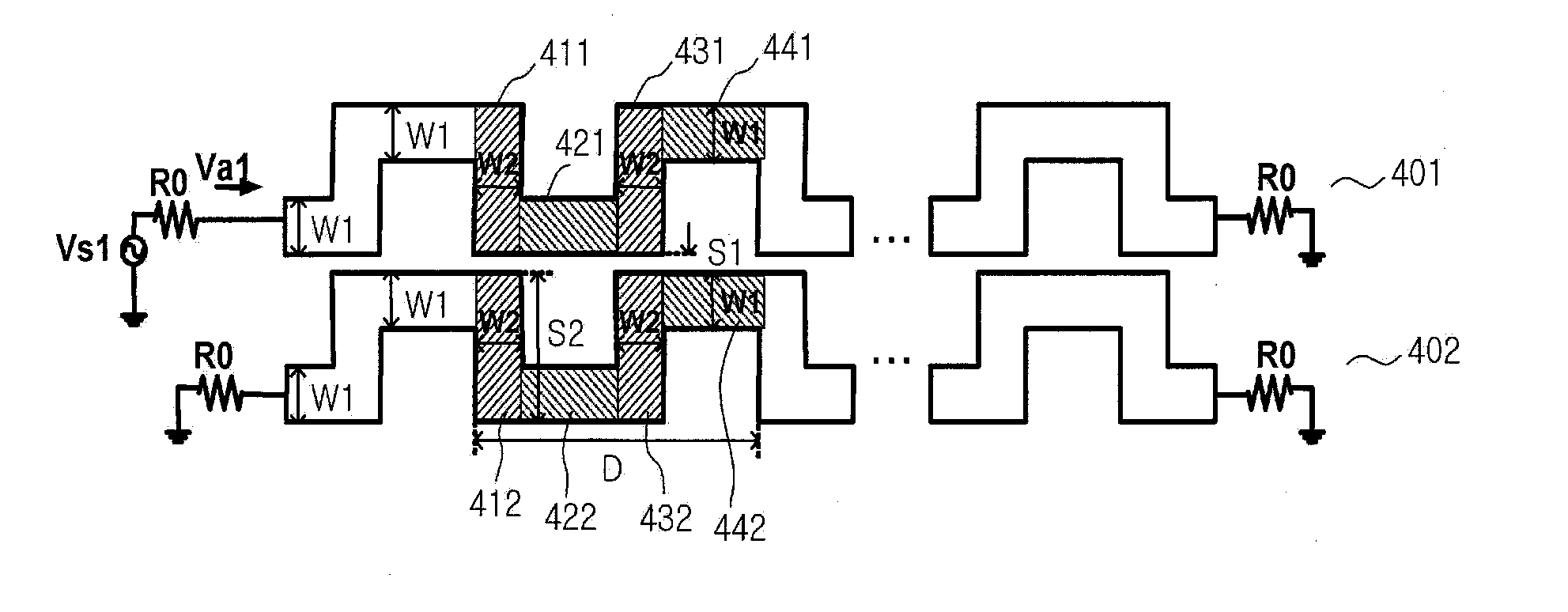 Micro-strip transmission line structure of a serpentine type