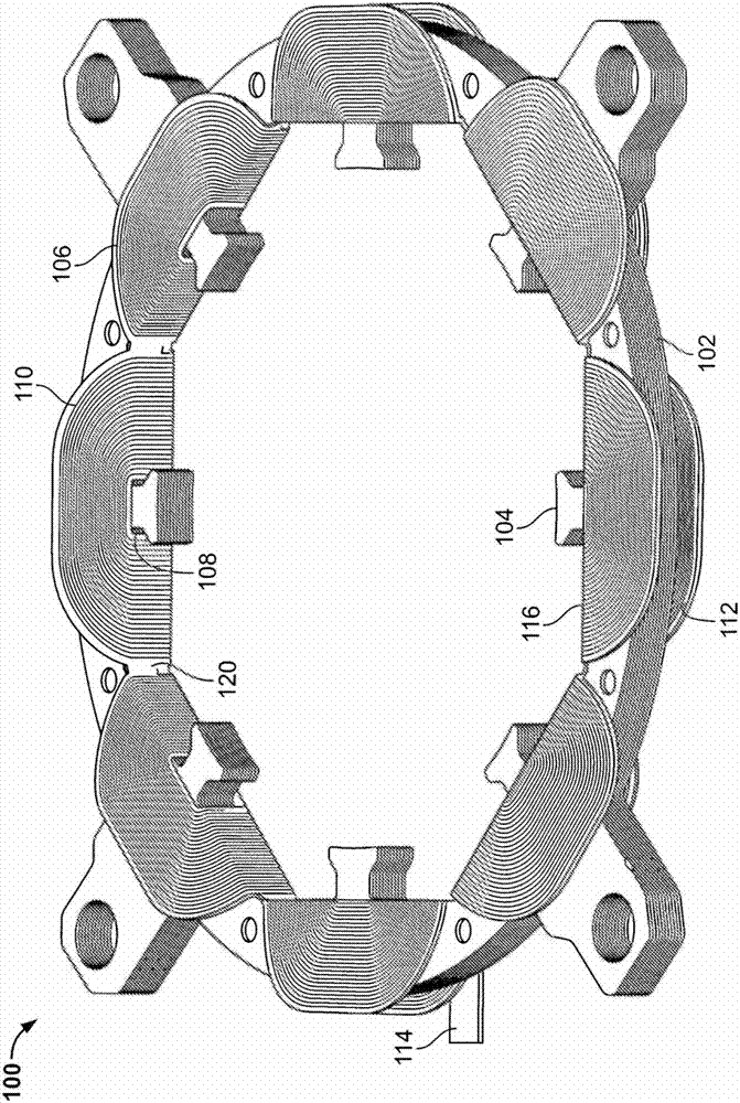 Electromagnetic coil structure having a flat conductive track, magnetic core and megneto electronic angle sensor