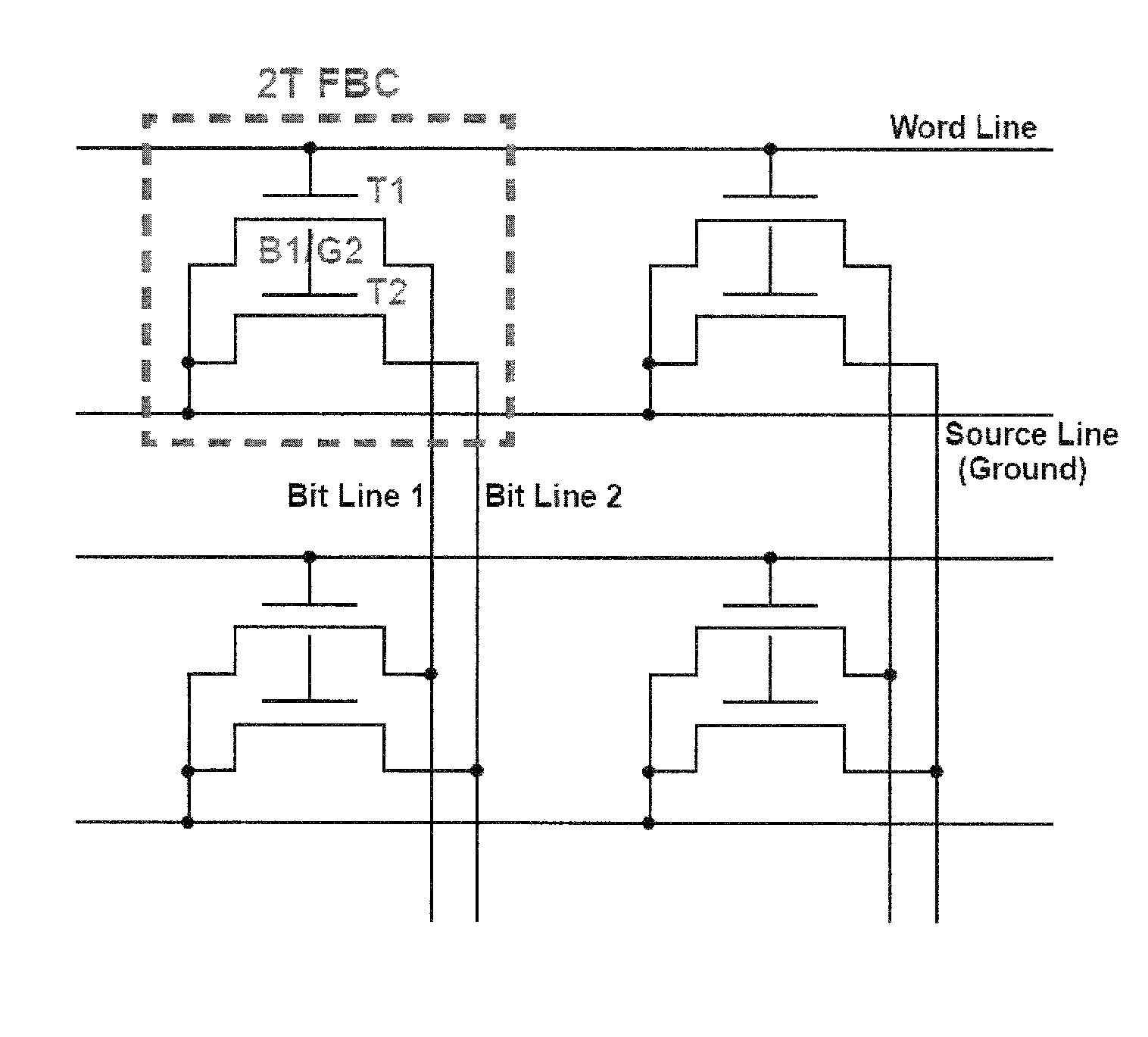 Two-transistor floating-body dynamic memory cell