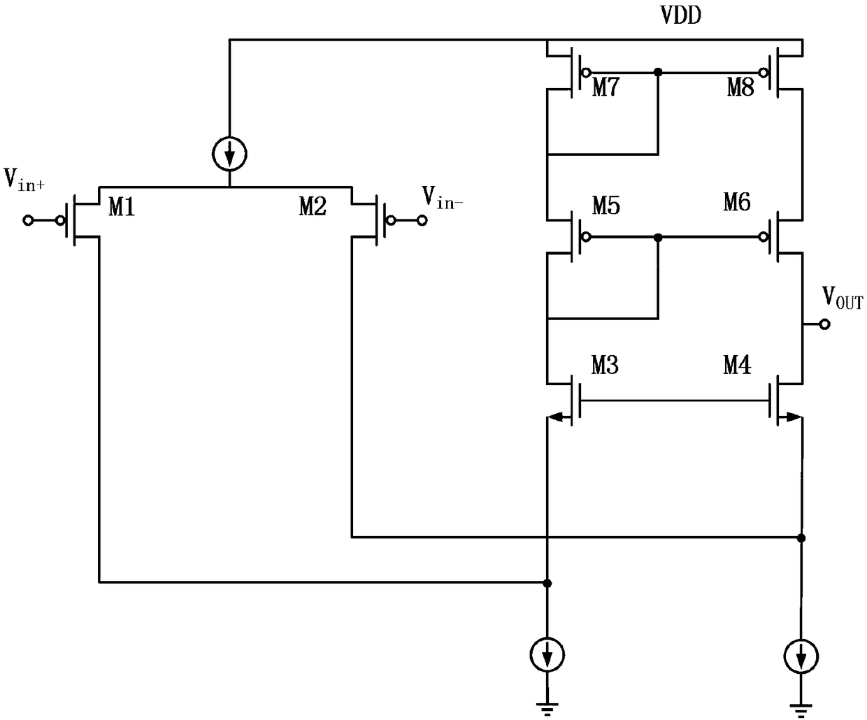 Foldable differential-to-single-ended amplifier capable of increasing swing amplitude of output voltage of output end