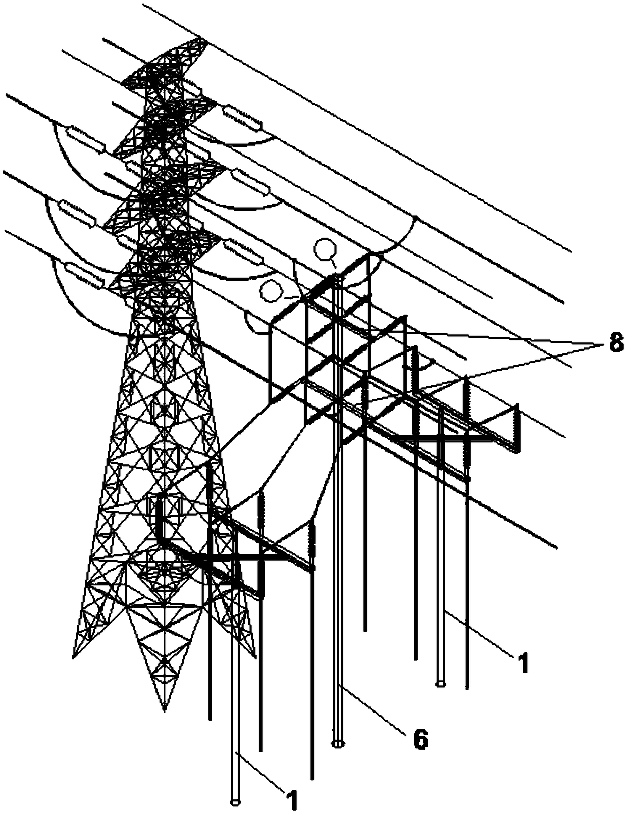 Cable leading-down facility for established double-circuit strain tower