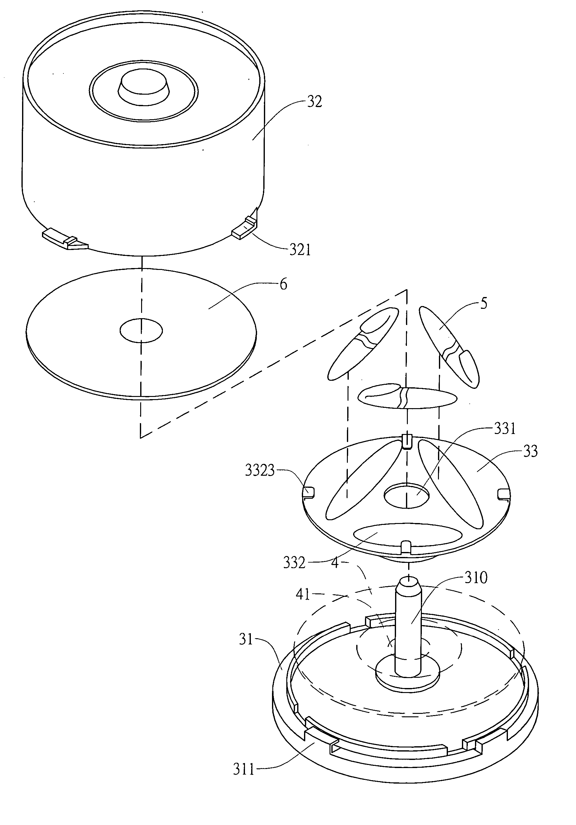 Optical disk container with writing tool holding device