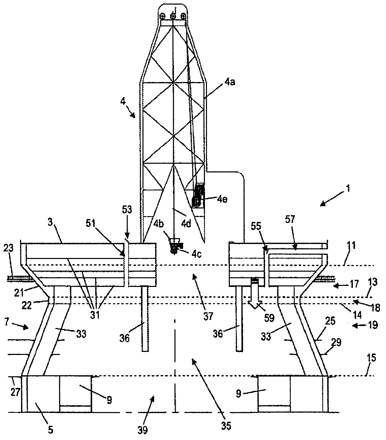 Semi-submersible vessel and operating method