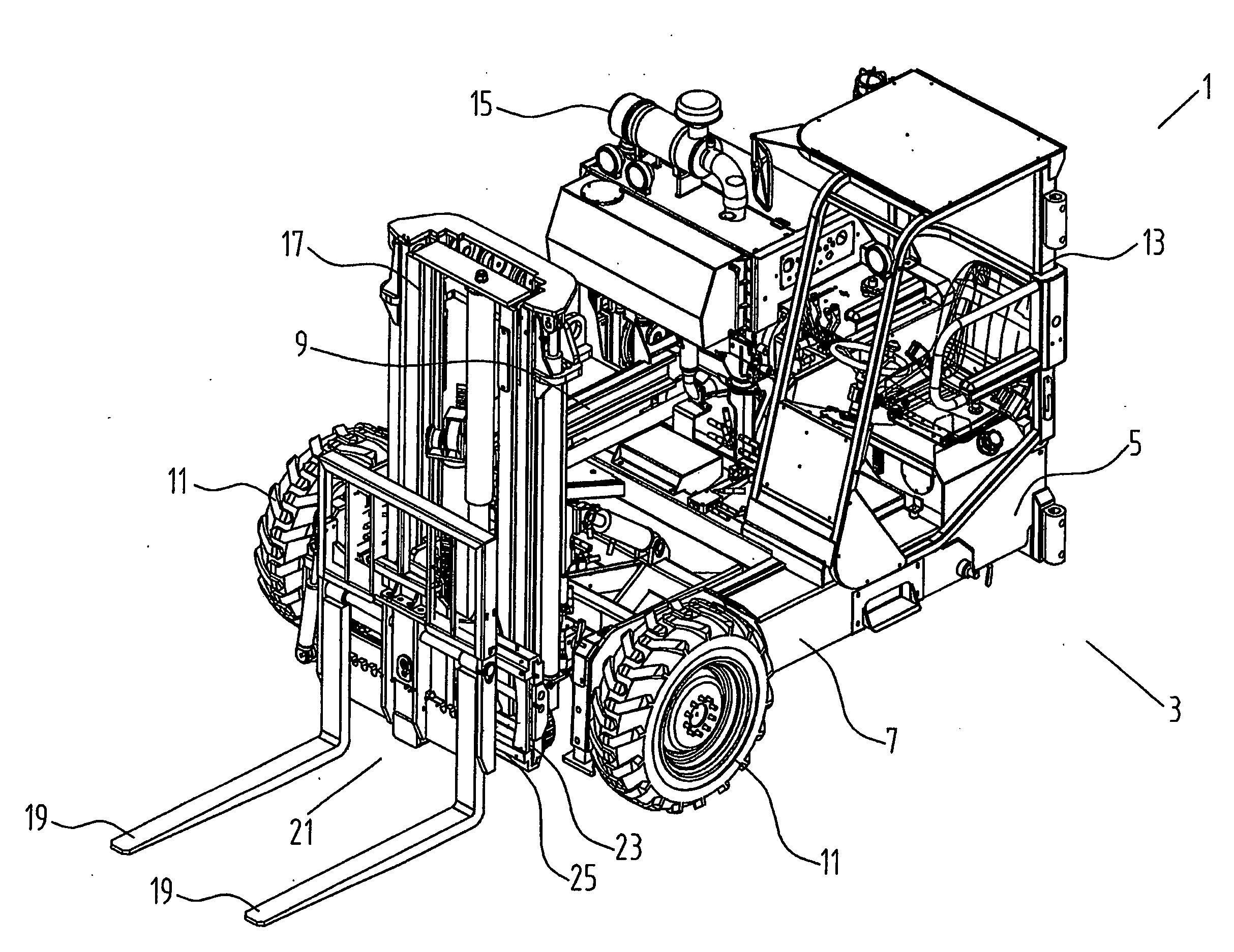 Forklift Truck for Mounting on the Rear of a Carrying Vehicle with a Fork Side Shifting Attachment