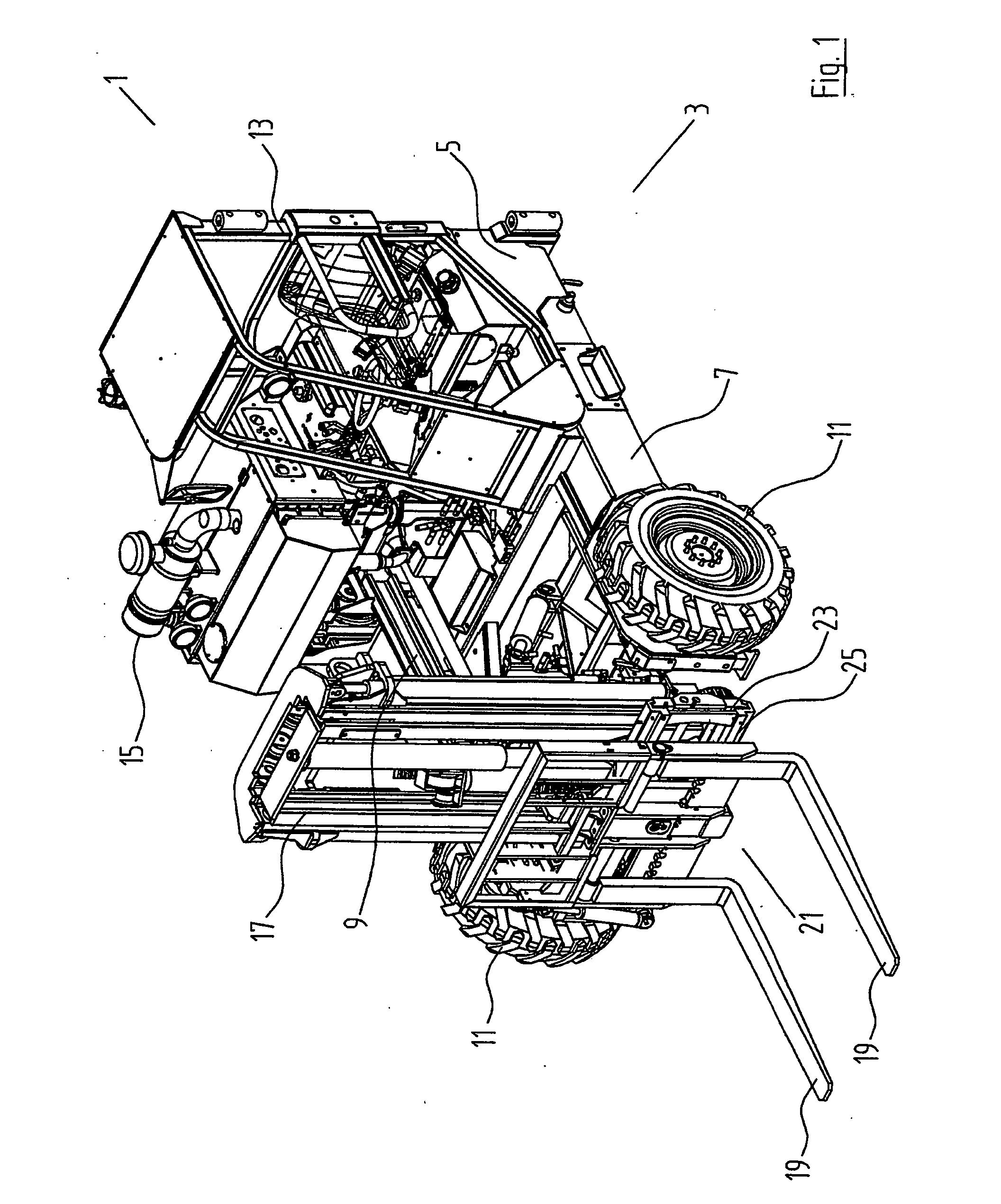 Forklift Truck for Mounting on the Rear of a Carrying Vehicle with a Fork Side Shifting Attachment