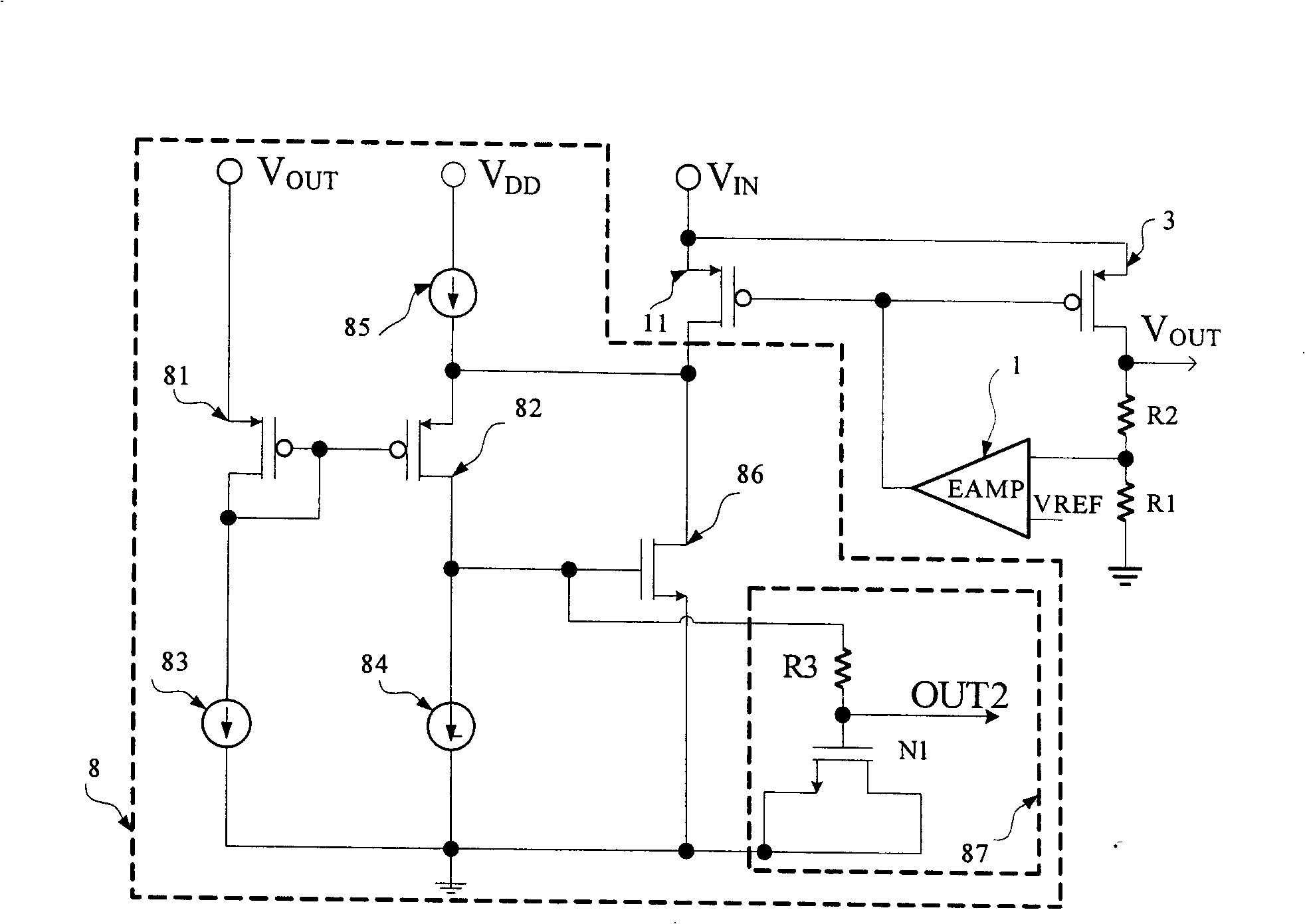Double ring low differential voltage linear voltage stabilizer circuit