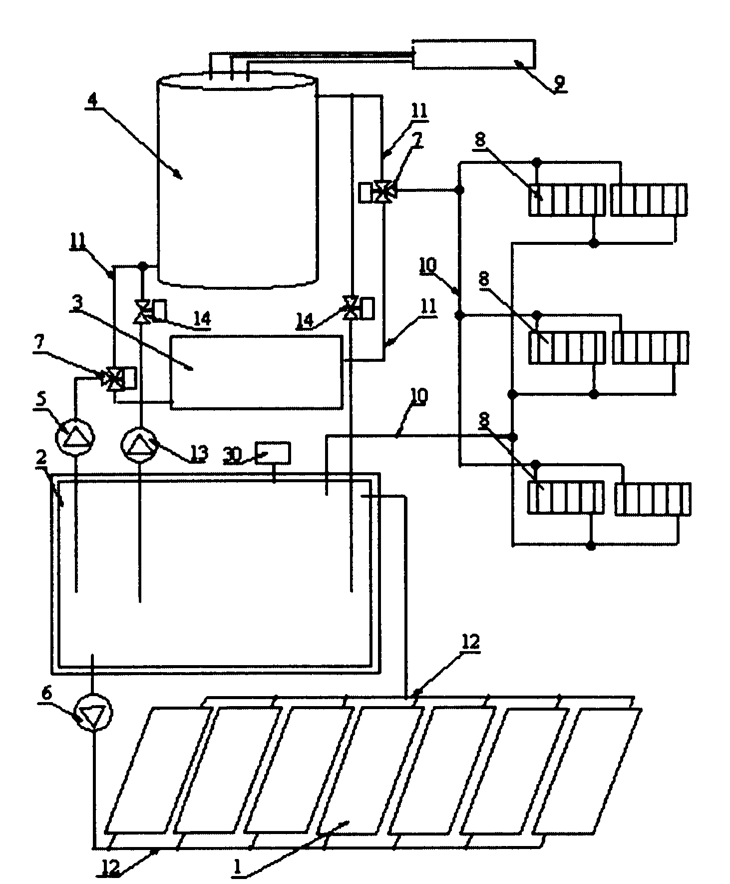 Heating system using solar energy and heat stored by fused salt