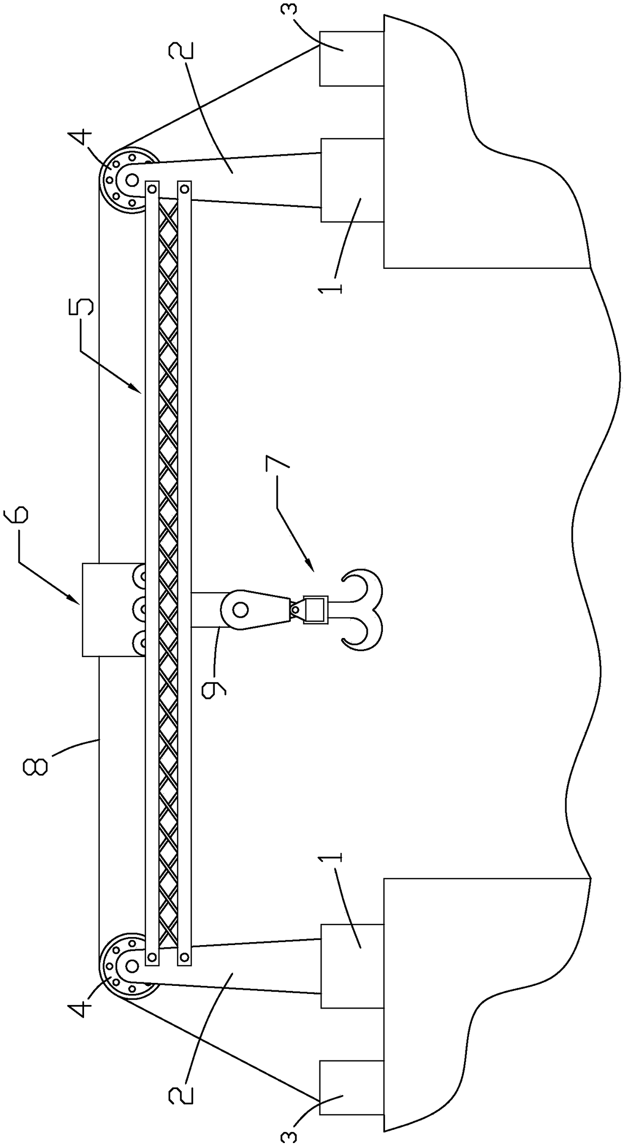 Hoisting device for constructing long-span wooden lounge bridge and method