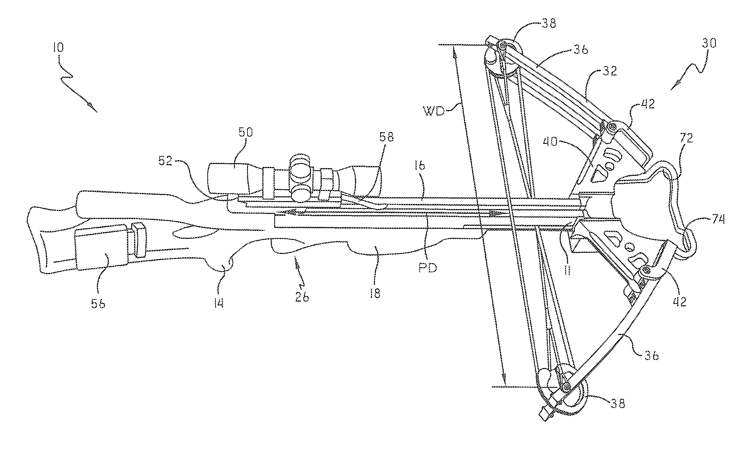 Narrow crossbow with large power stroke