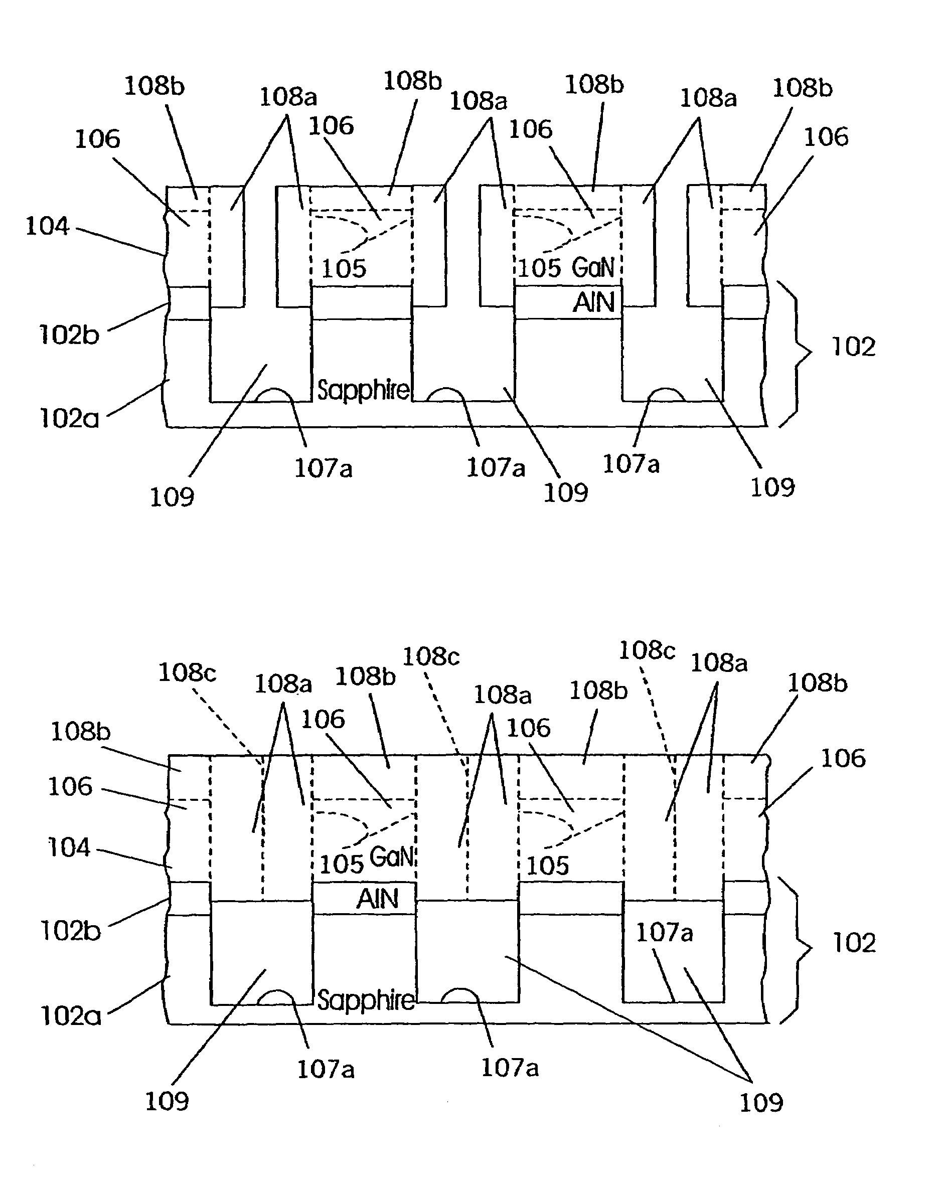 Pendeoepitaxial methods of fabricating gallium nitride semiconductor layers on sapphire substrates, and gallium nitride semiconductor structures fabricated thereby