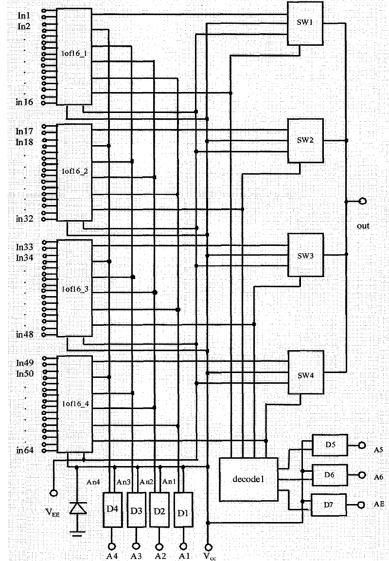 64 select 1 analog switch circuit with t-type switch structure