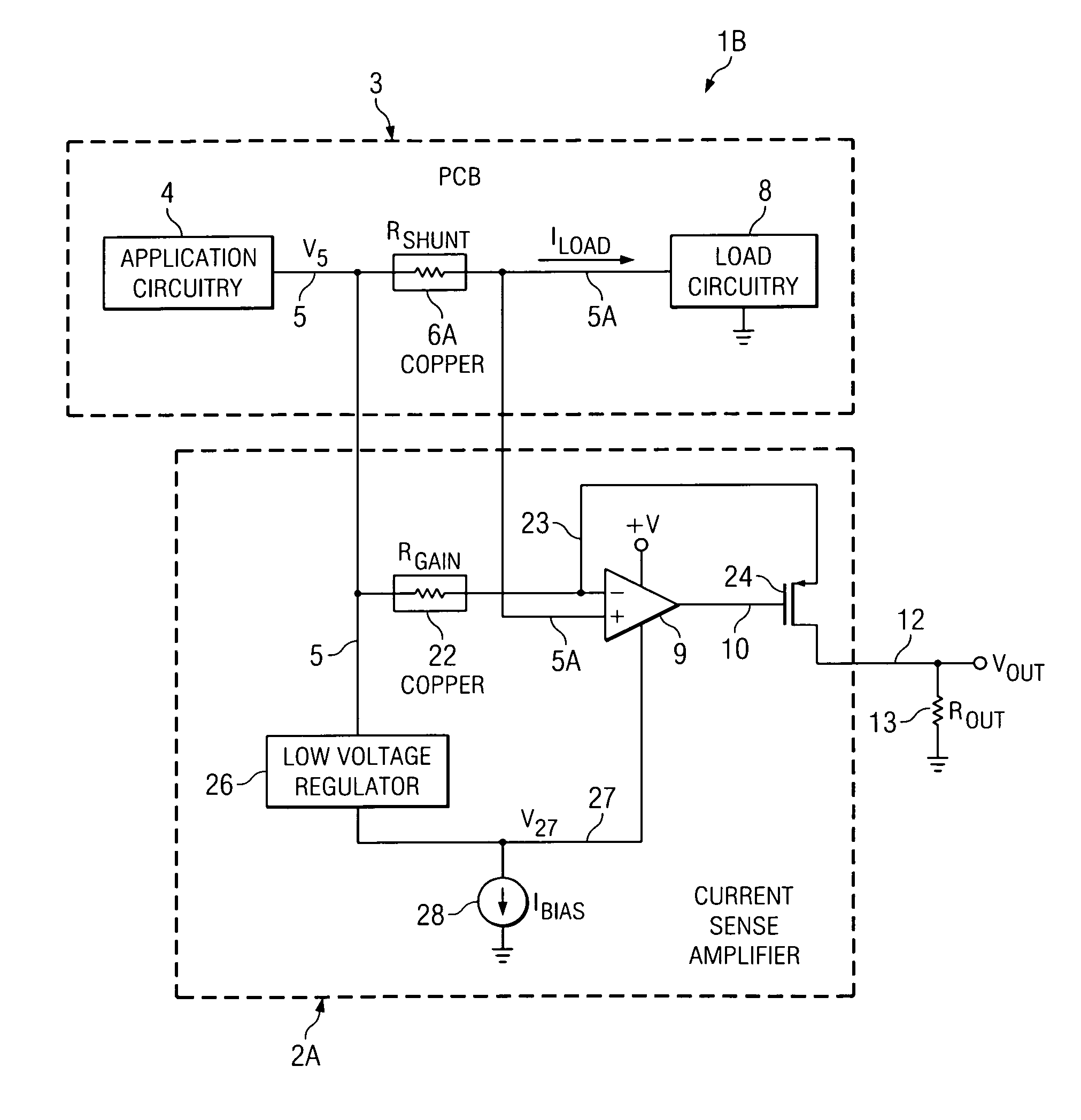 Amplifier topology and method for connecting to printed circuit board traces used as shunt resistors