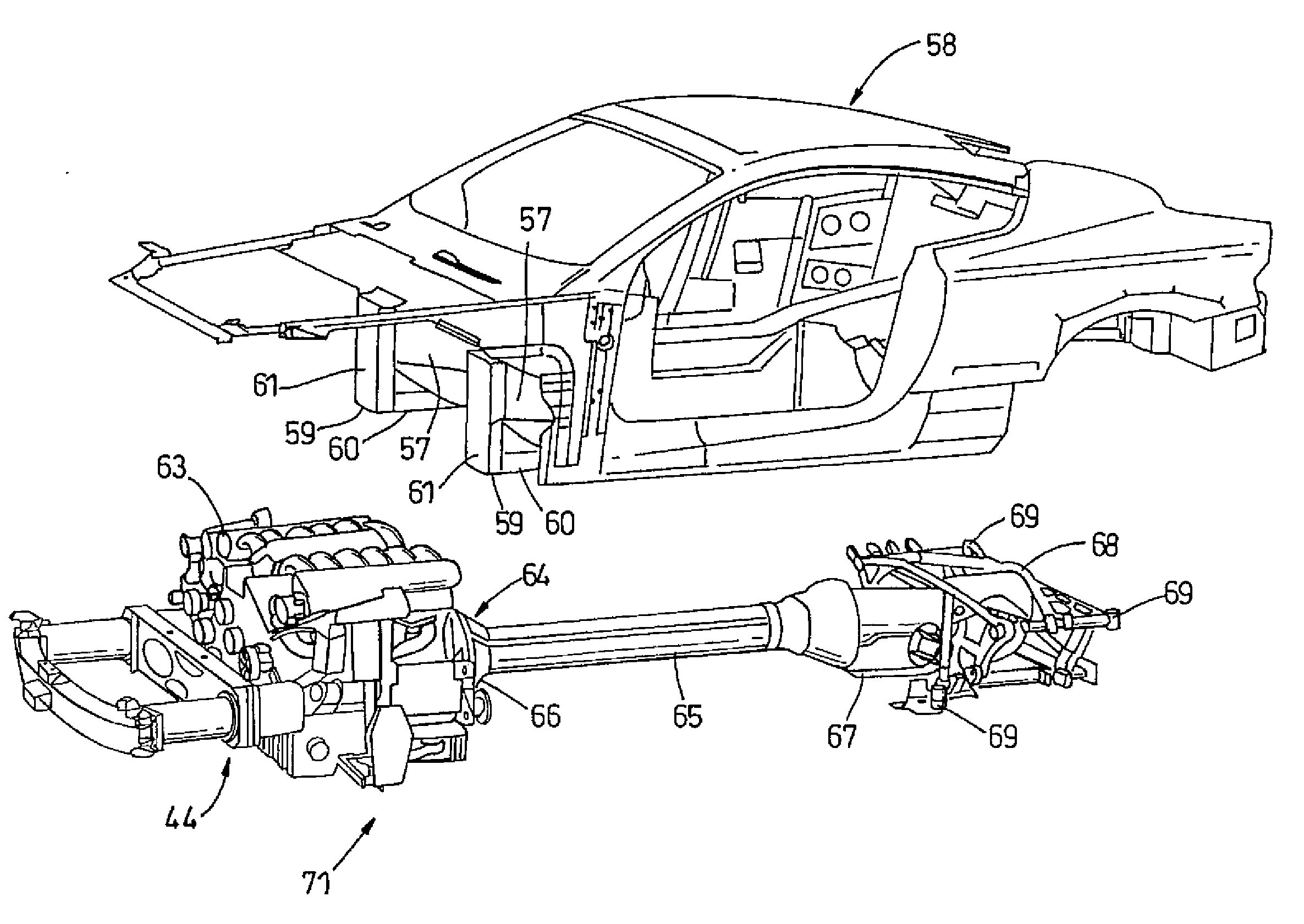 Assembly of a motor vehicle body and a power train and chassis module