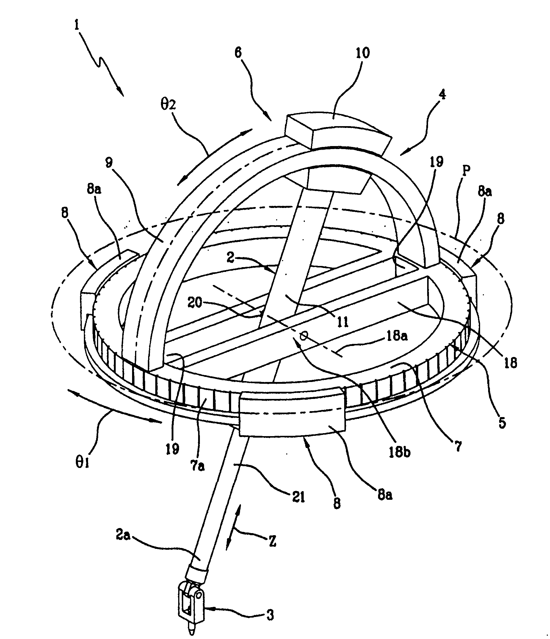 A device for handling and/or performing work operations on objects