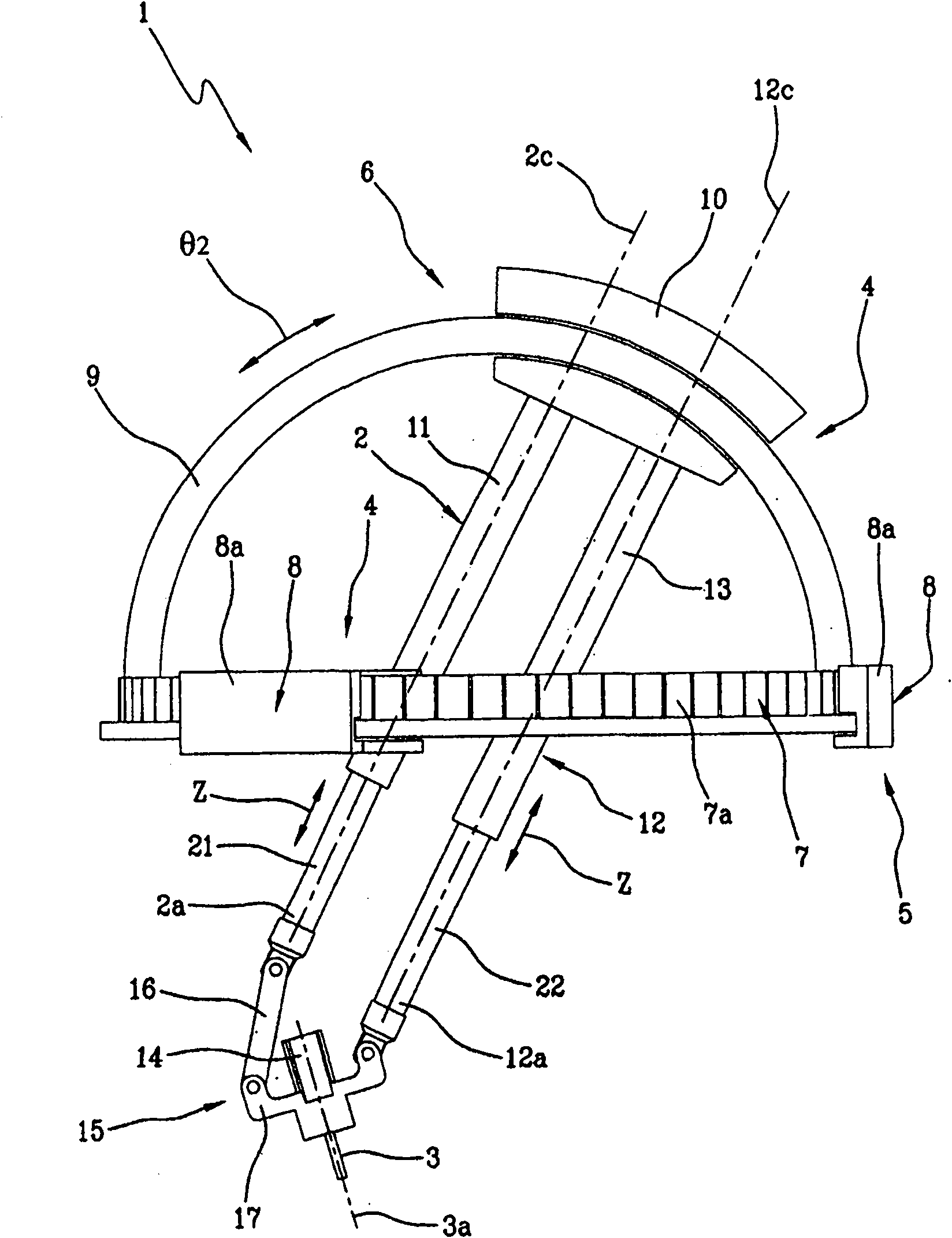 A device for handling and/or performing work operations on objects