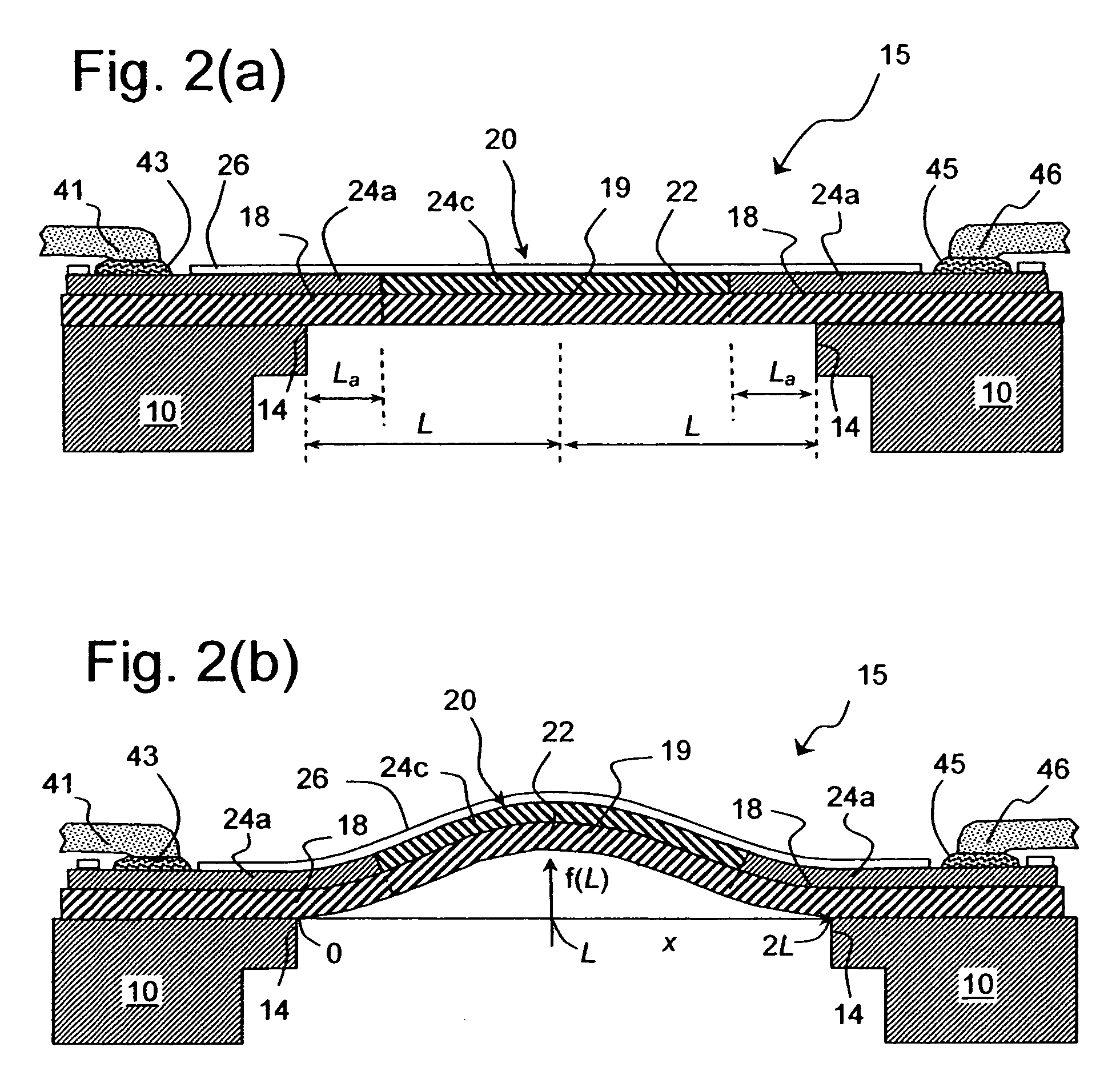 Doubly-anchored thermal actuator having varying flexural rigidity