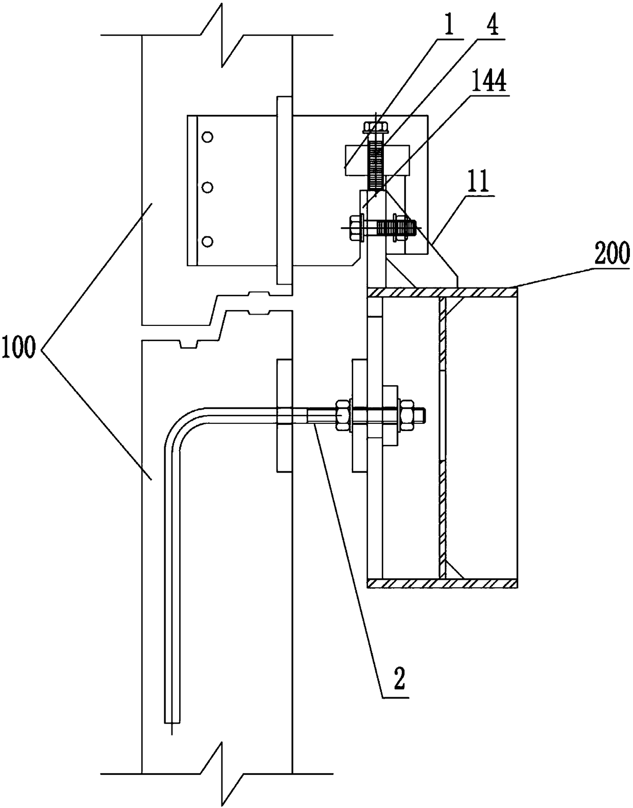 A connection node between load-bearing prefabricated concrete exterior wall and steel beam