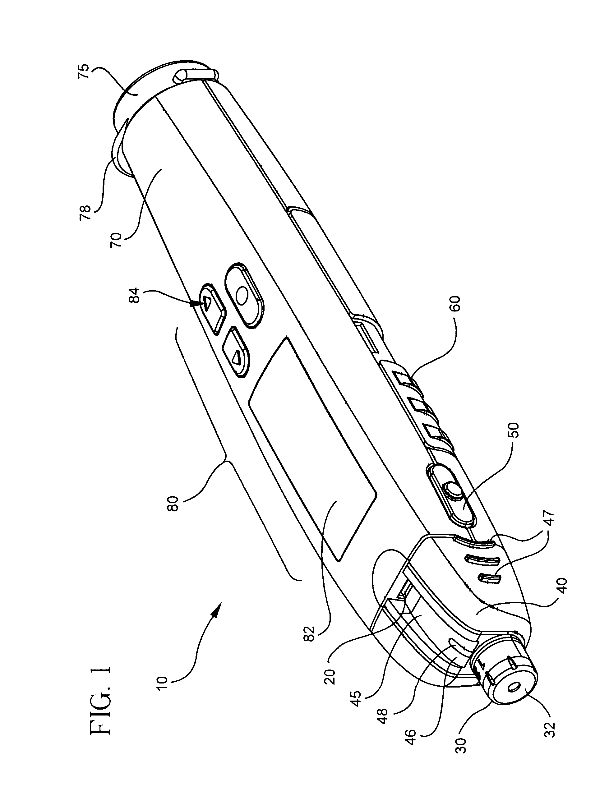 Blood glucose meter having integral lancet device and test strip storage vial for single handed use and methods for using same