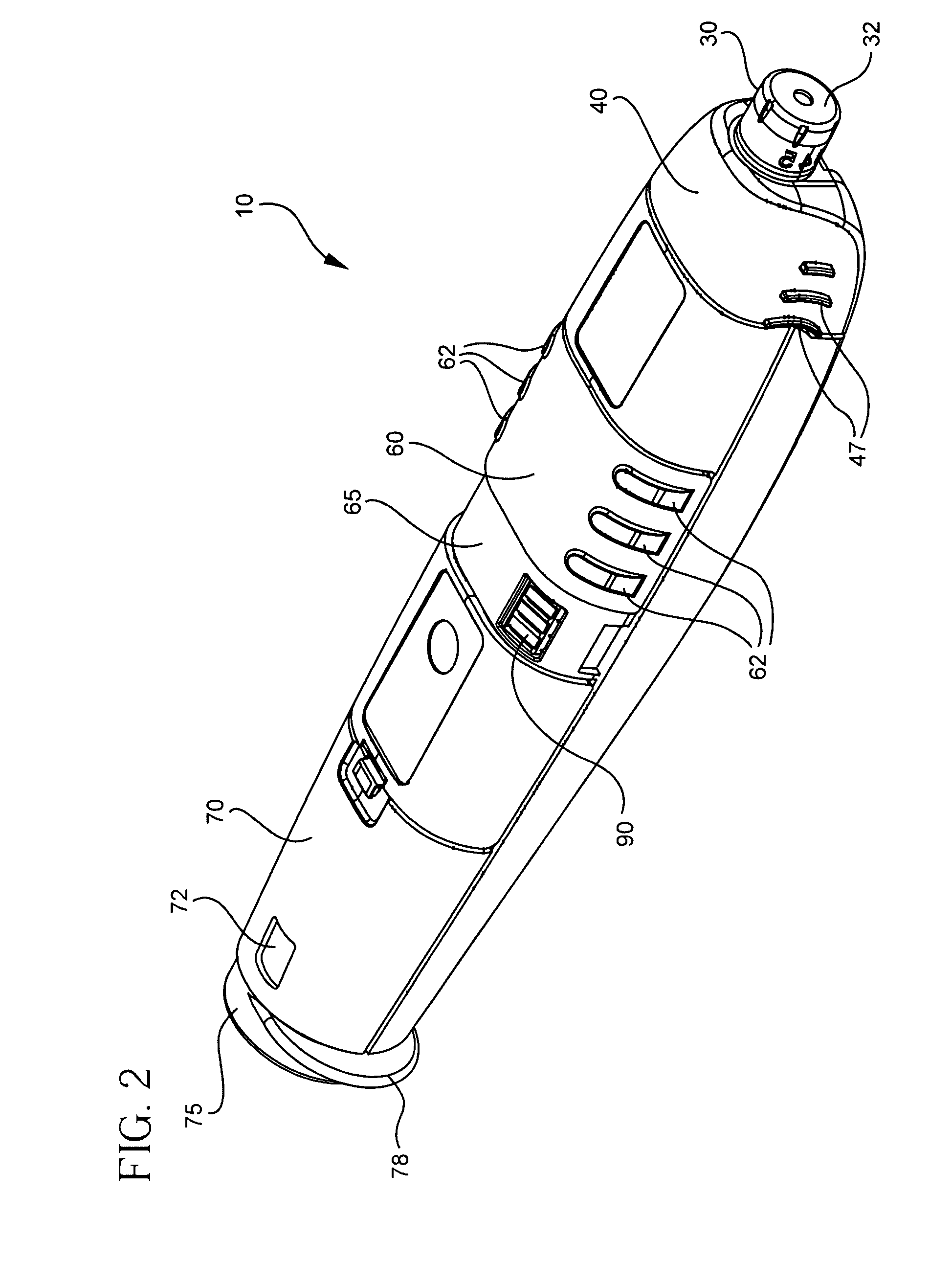 Blood glucose meter having integral lancet device and test strip storage vial for single handed use and methods for using same