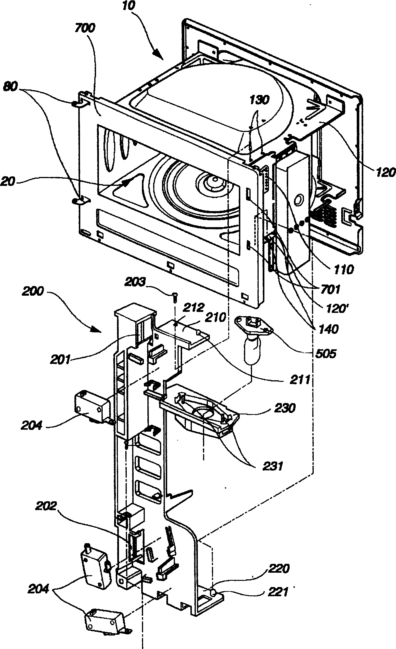 Microwave oven door pin board arrangement