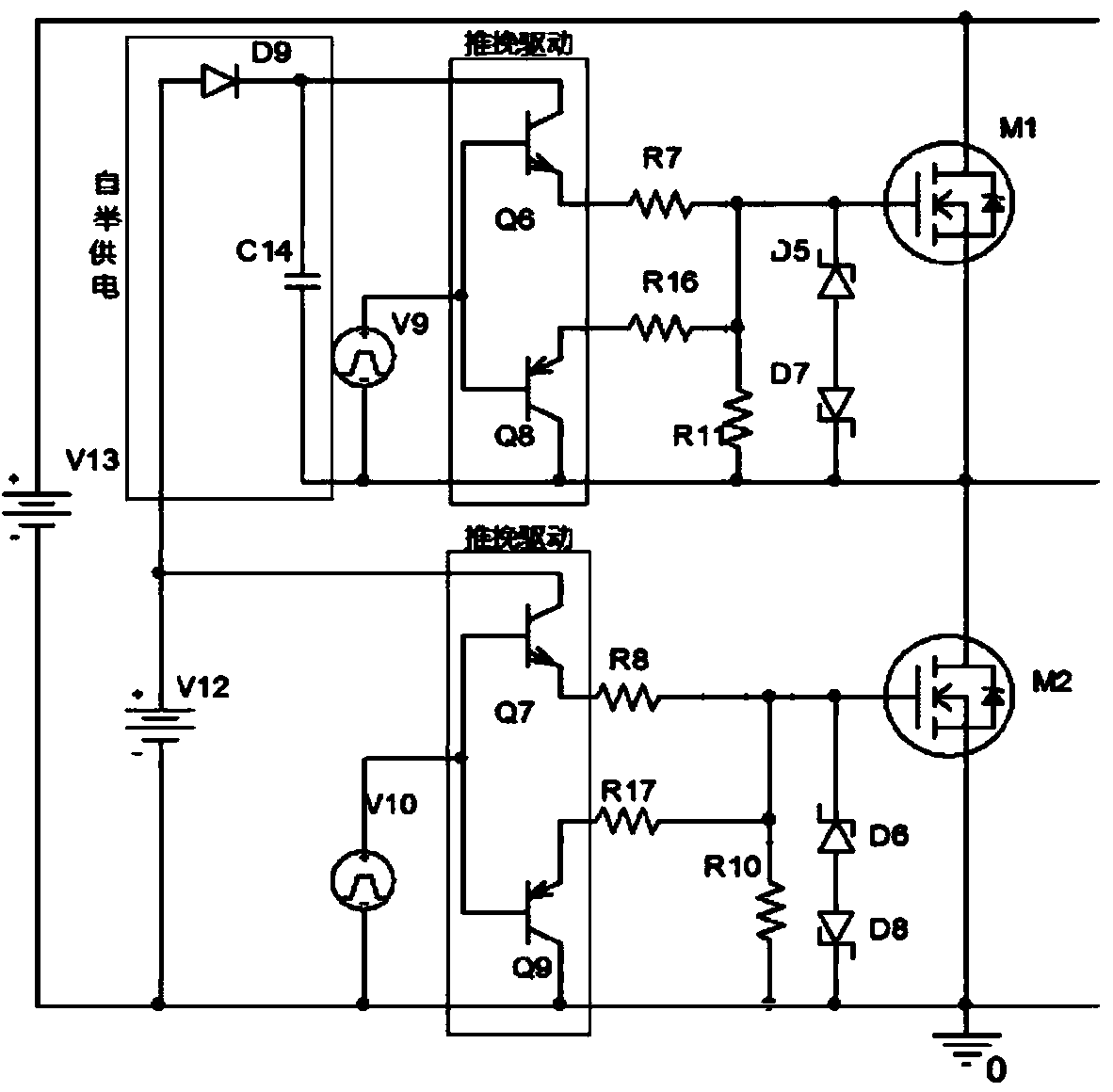 Bootstrap power-supply MOSFET/IGBT (metal-oxide-semiconductor field effect transistor/insulated gate bipolar translator) driving circuit with high negative voltage