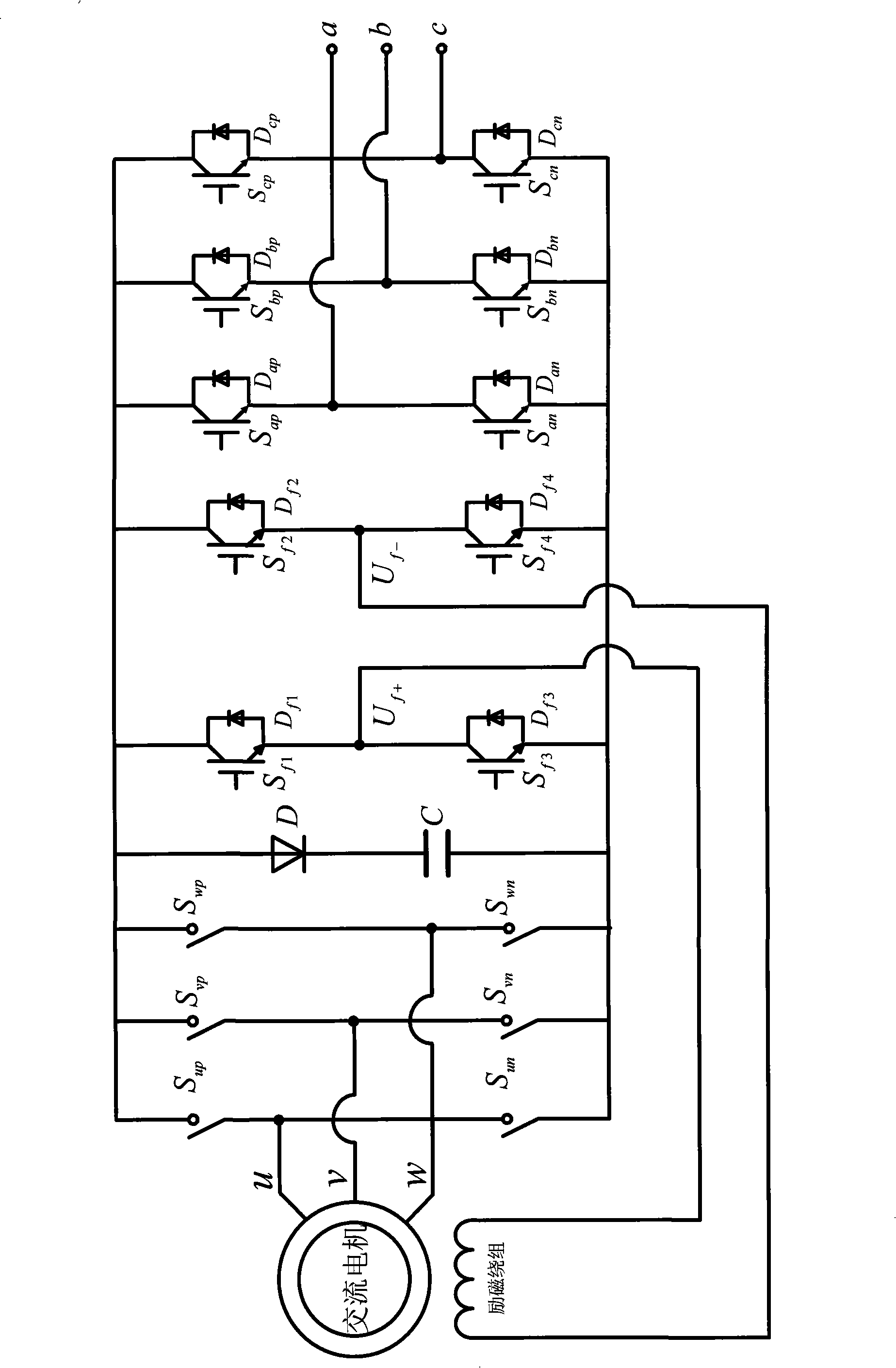 Twin-stage type matrix converter with direct-current excitation regulation and voltage frequency transformation