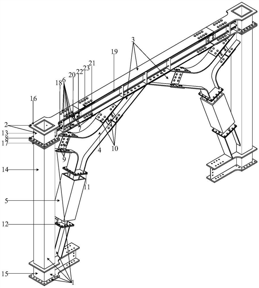 A self-resetting steel frame central support system with a large clearance and a flange