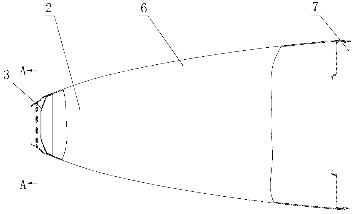 A leading edge structure of an aircraft external auxiliary fuel tank that resists bird strikes