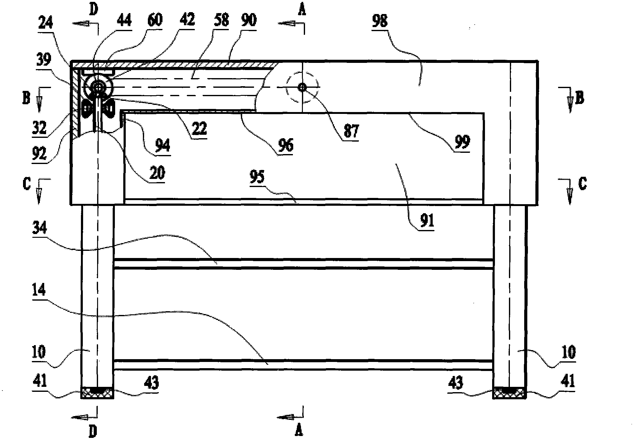 Desk with four legs ascending and descending synchronously