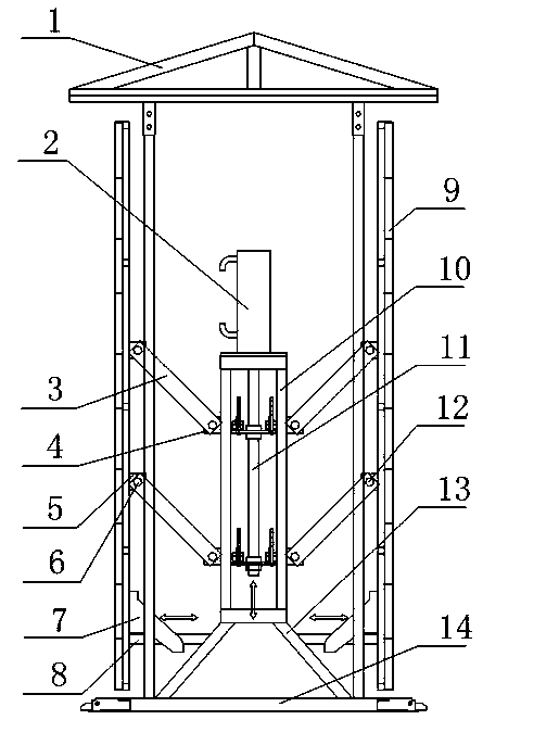 Hydraulic telescopic device for elevator shaft mold and operating method thereof