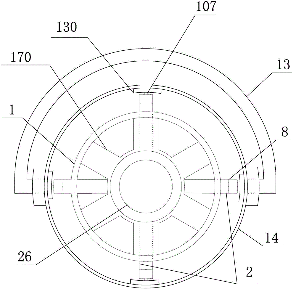 Rotary bracket movable pin self-locking shaftless lifting prismatic barrel mop jet flow cleaning and spin-drying device