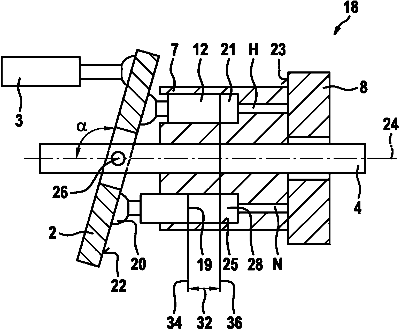 Axial piston machine with variable displacement volume, and hydraulic drivetrain having an axial piston machine