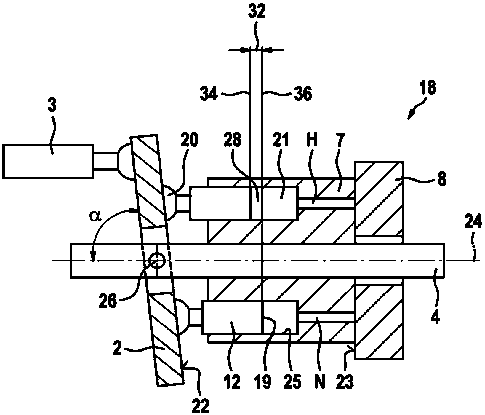 Axial piston machine with variable displacement volume, and hydraulic drivetrain having an axial piston machine