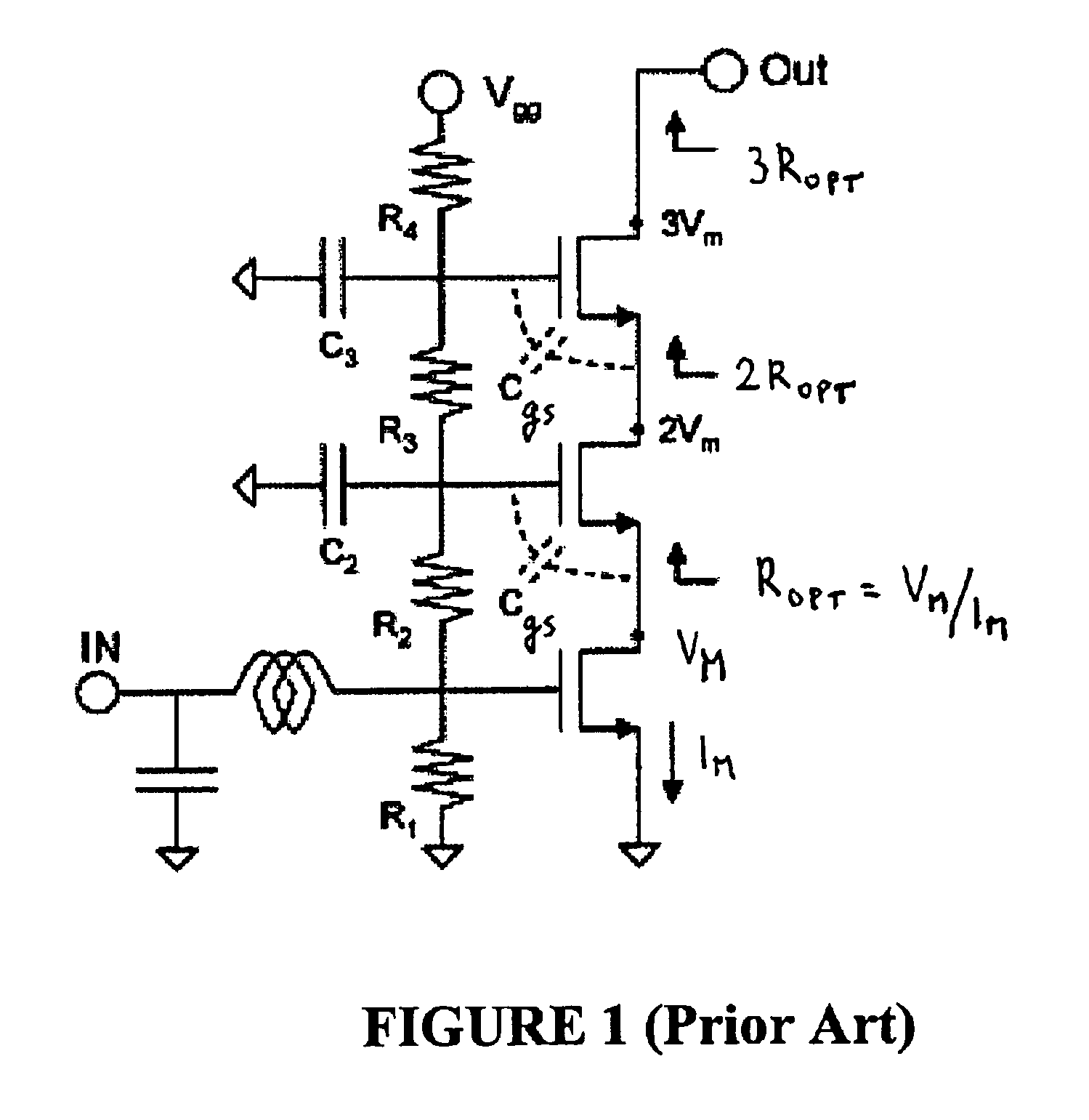 Stacked linear power amplifier with capacitor feedback and resistor isolation