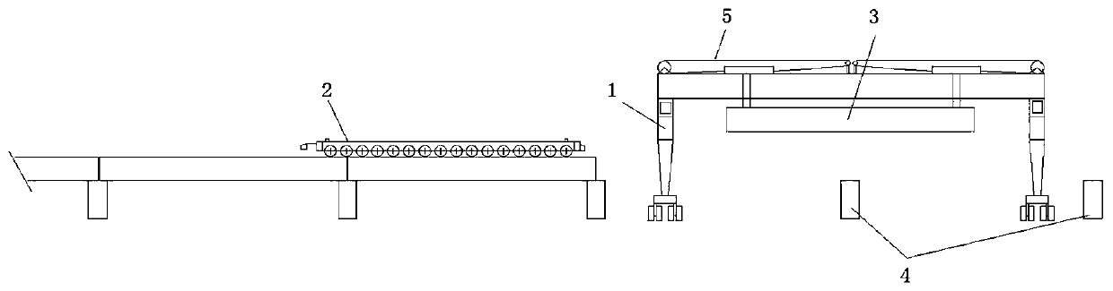 A bridge erection construction method using a 900-ton beam moving machine to load beams on bridge deck beam trucks