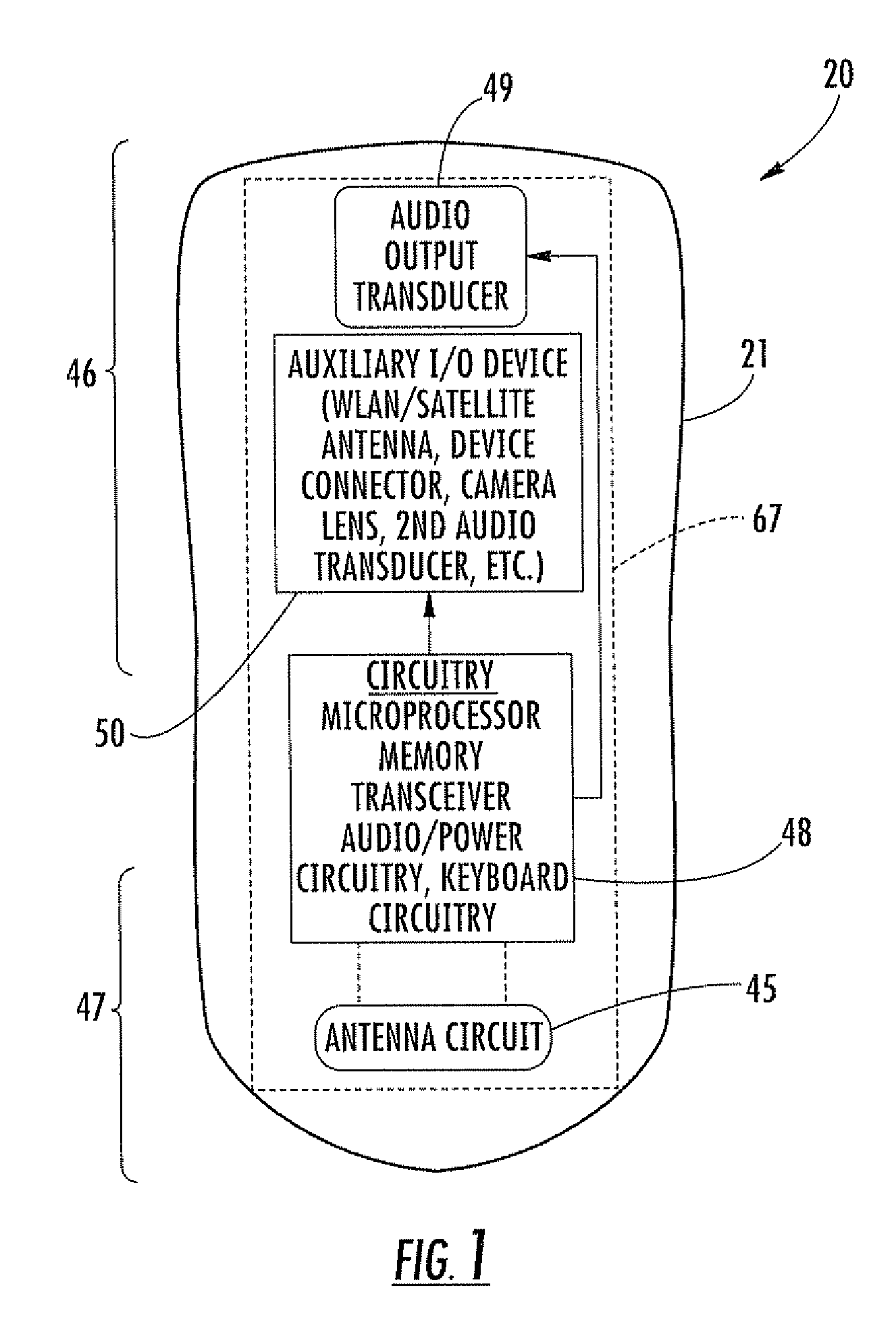 Mobile wireless communications device with reduced harmonics resulting from metal shield coupling