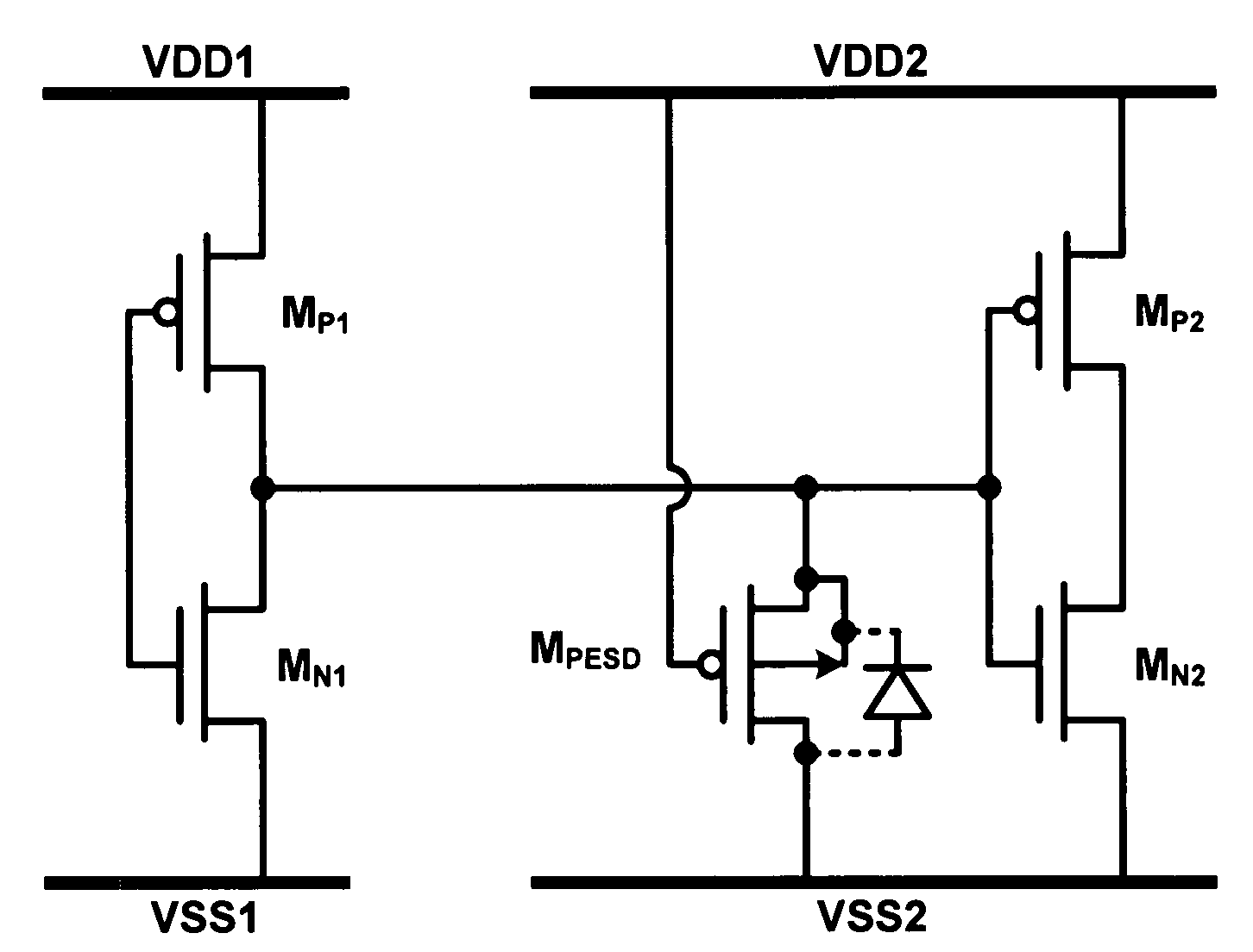 ESD protection circuit for IC with separated power domains