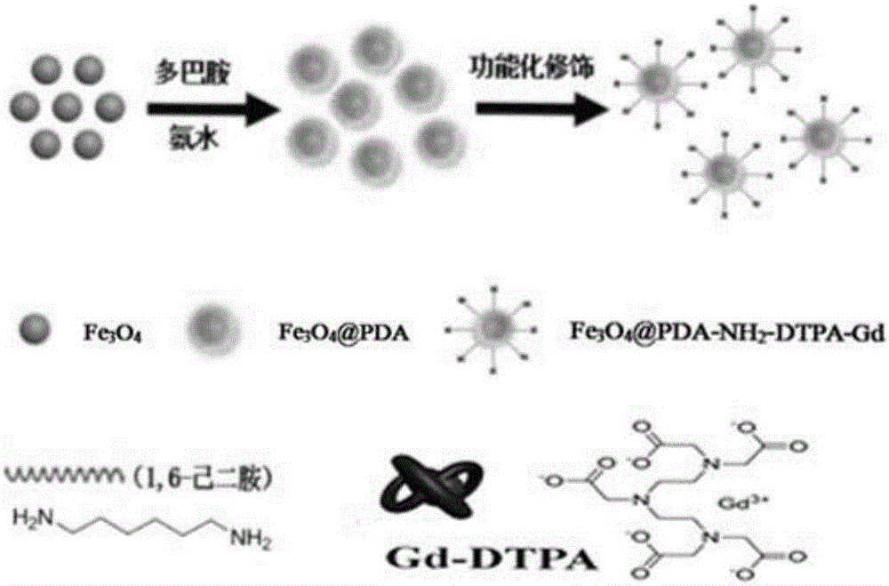 Preparation of photothermal diagnosis and treatment agent based on gadolinium modified Fe3O4@ PDA nano material