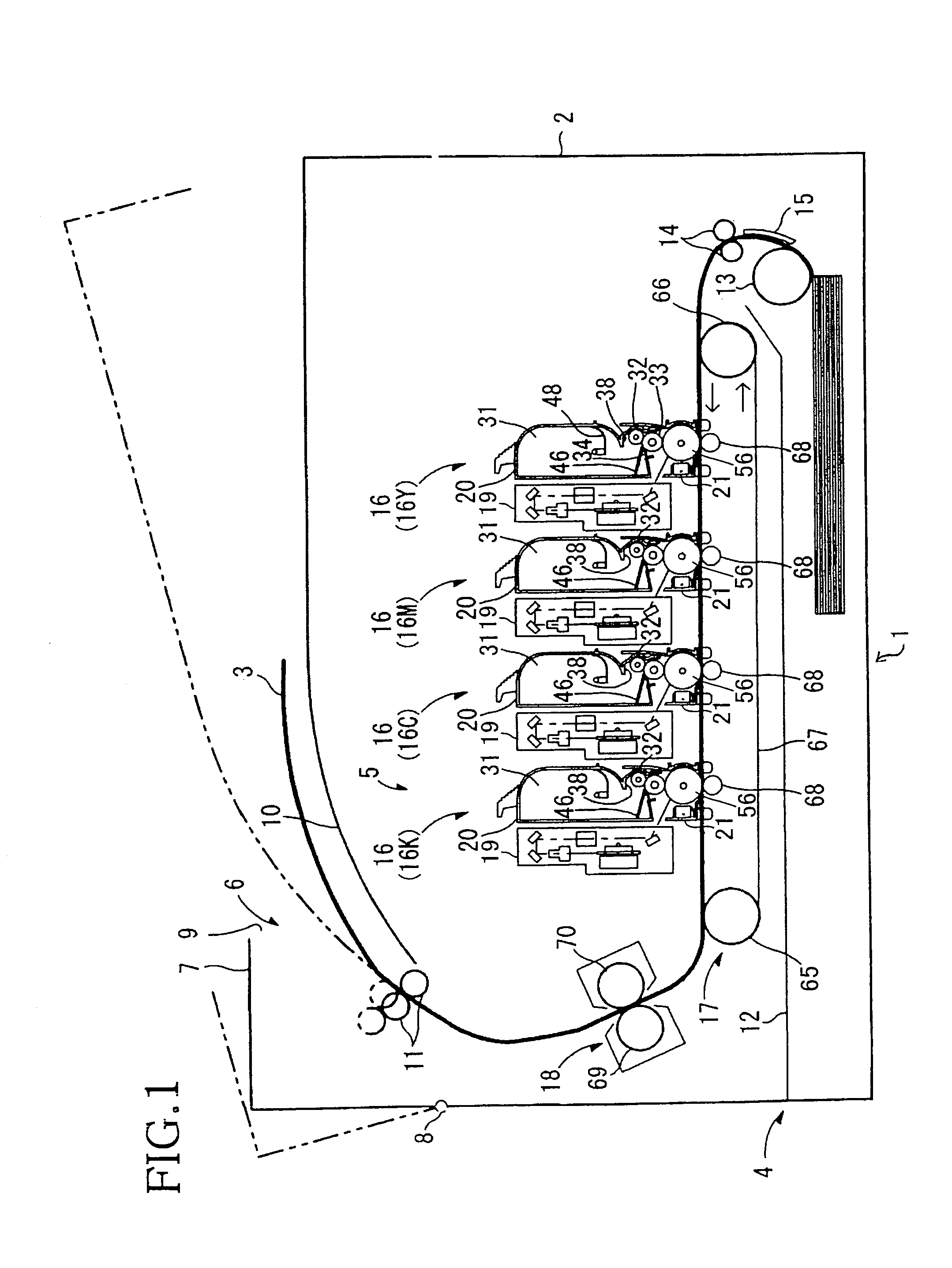 Image forming apparatus for a color laser printer for transferring a higher transfer efficiency on a recording sheet on the upstream side of the imaging forming process